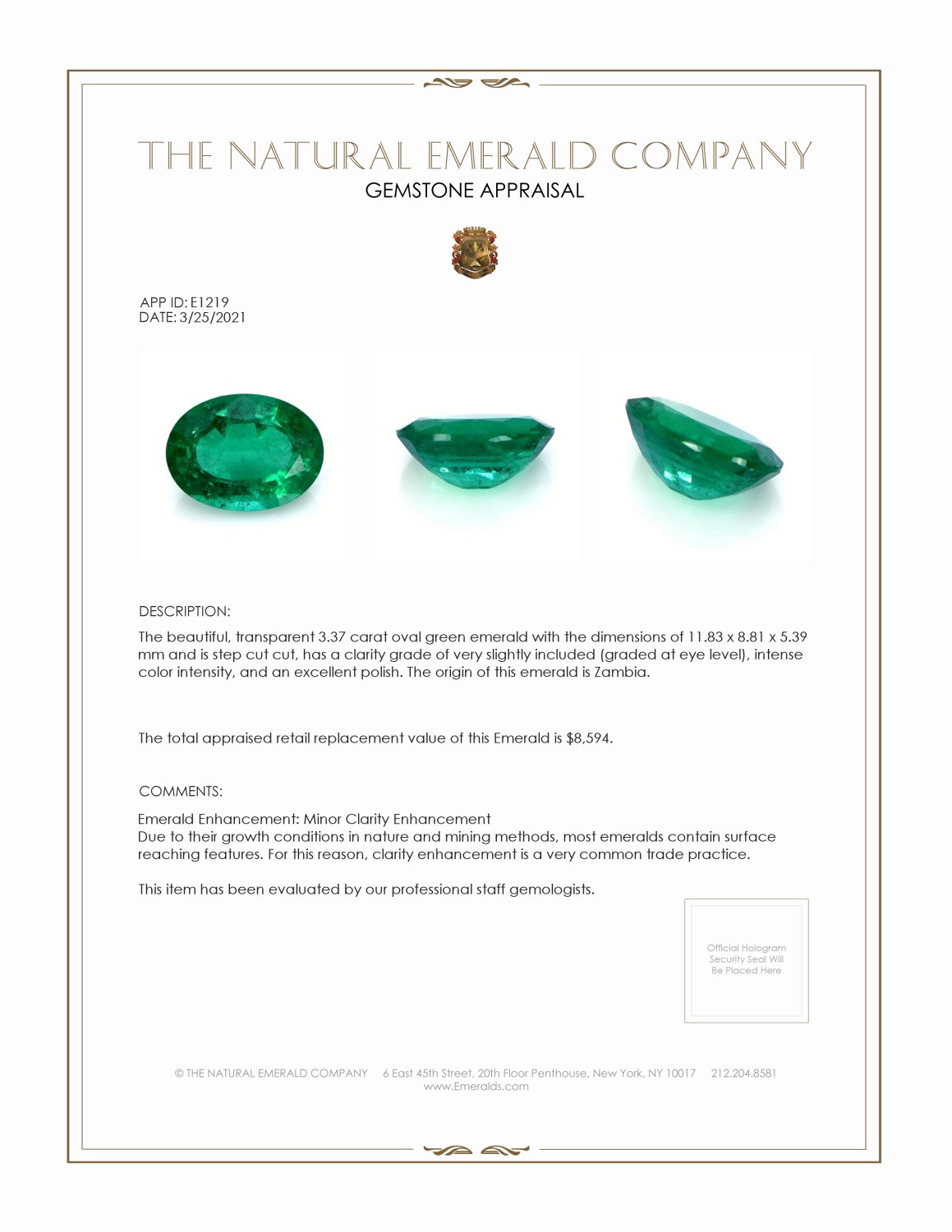 3.37 Ct. Emerald from Zambia