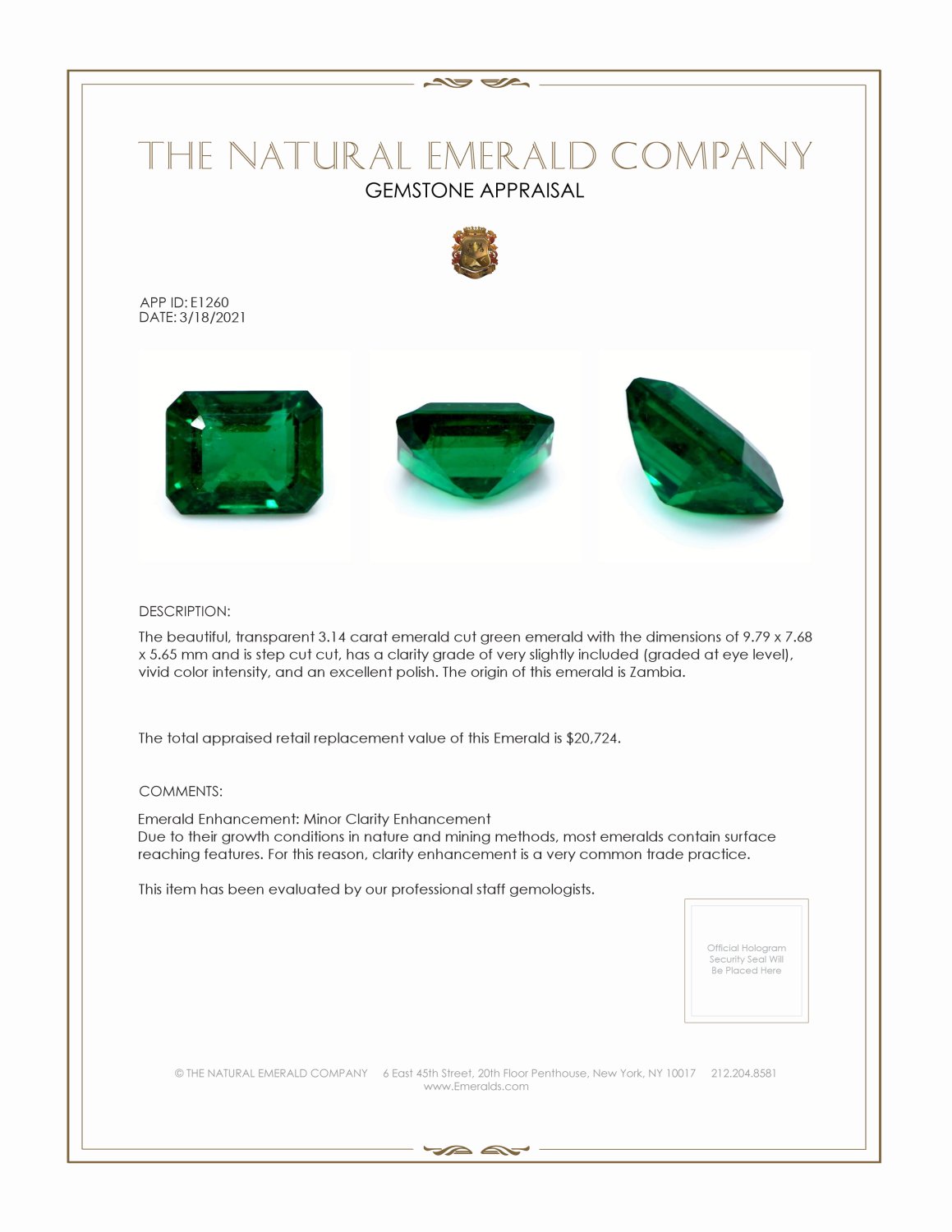 3.14 Ct. Emerald from Zambia