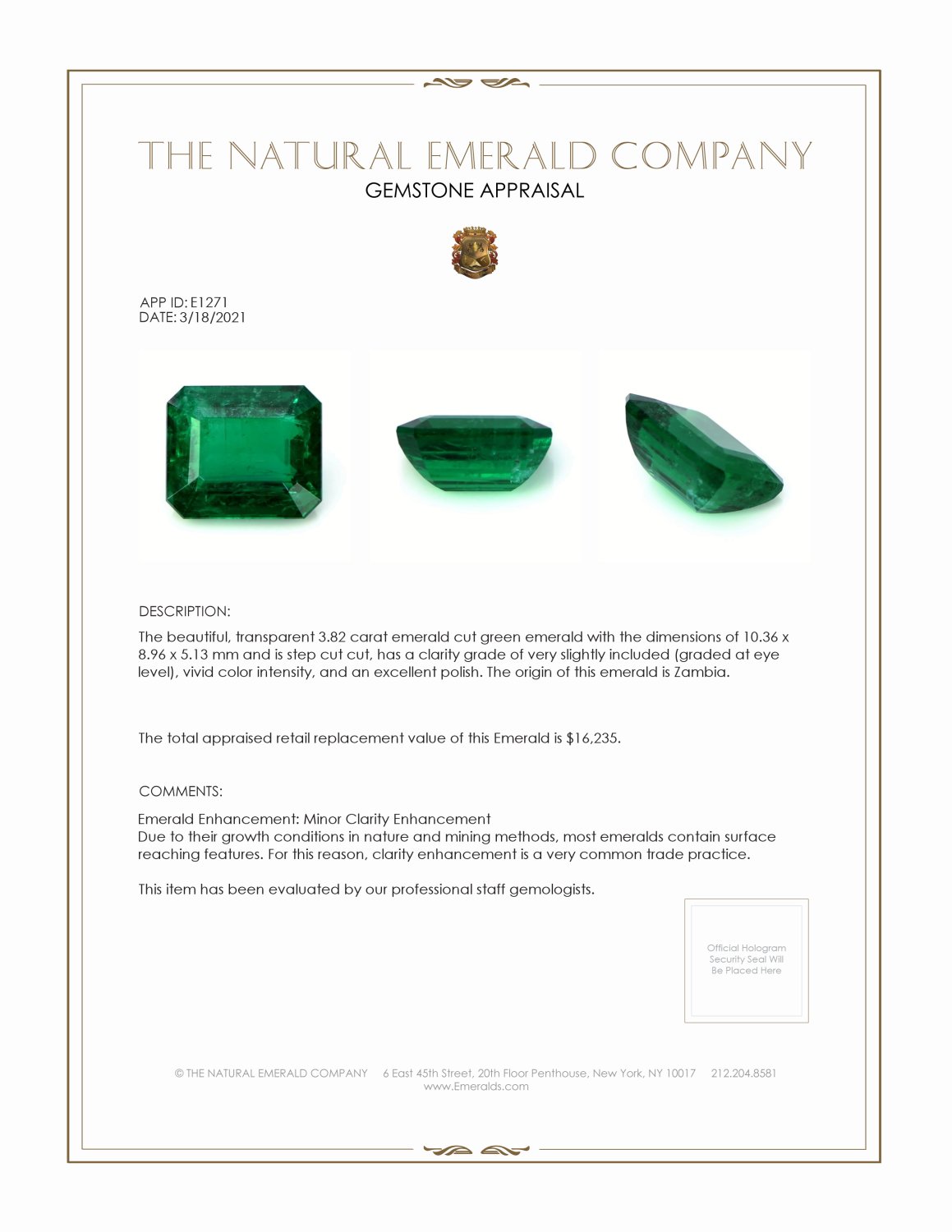 3.82 Ct. Emerald from Zambia
