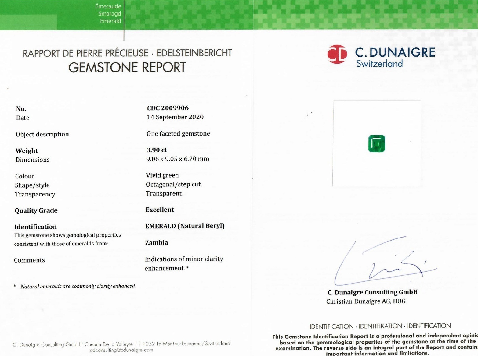 3.90 Ct. Emerald from Zambia