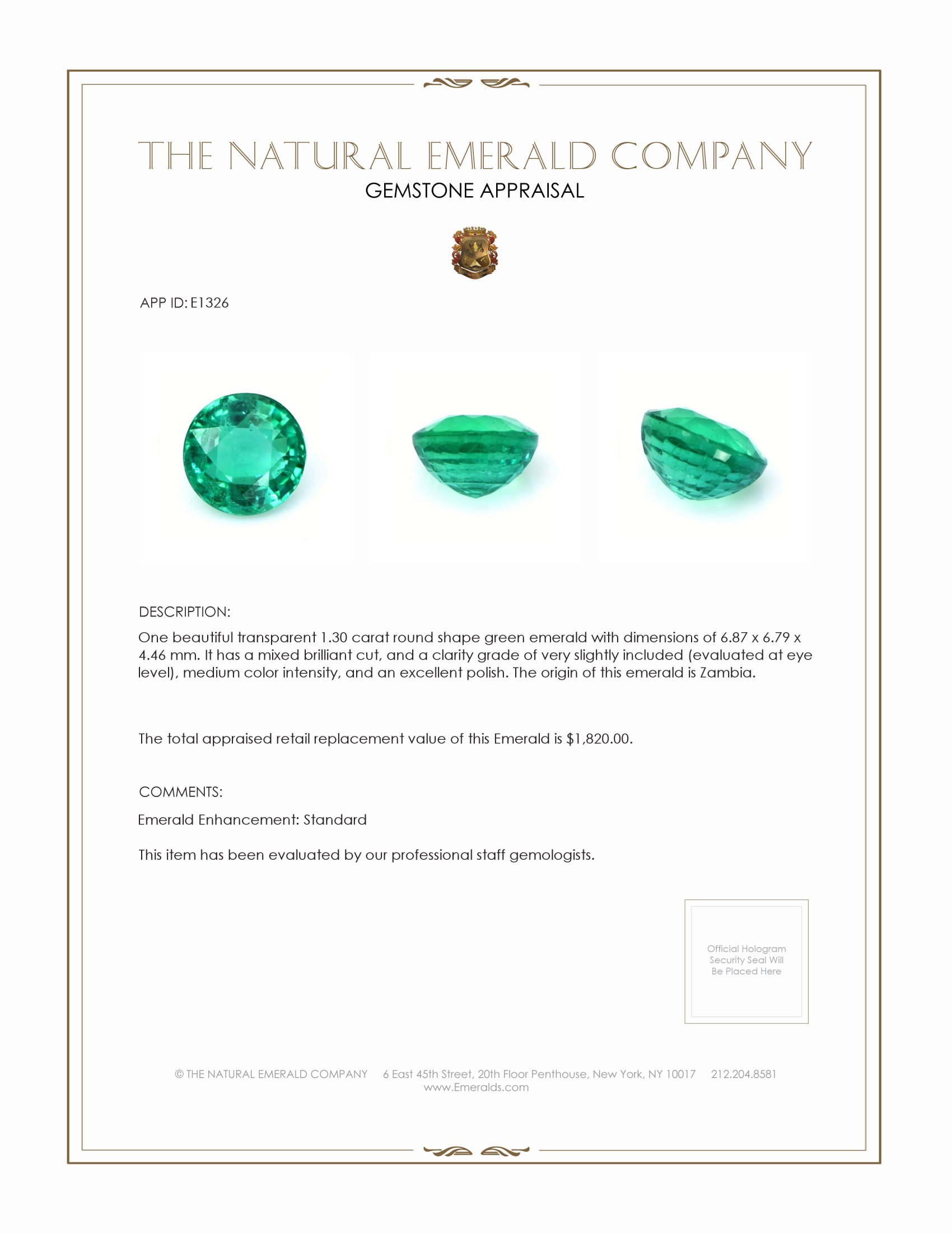 1.30 Ct. Emerald from Zambia