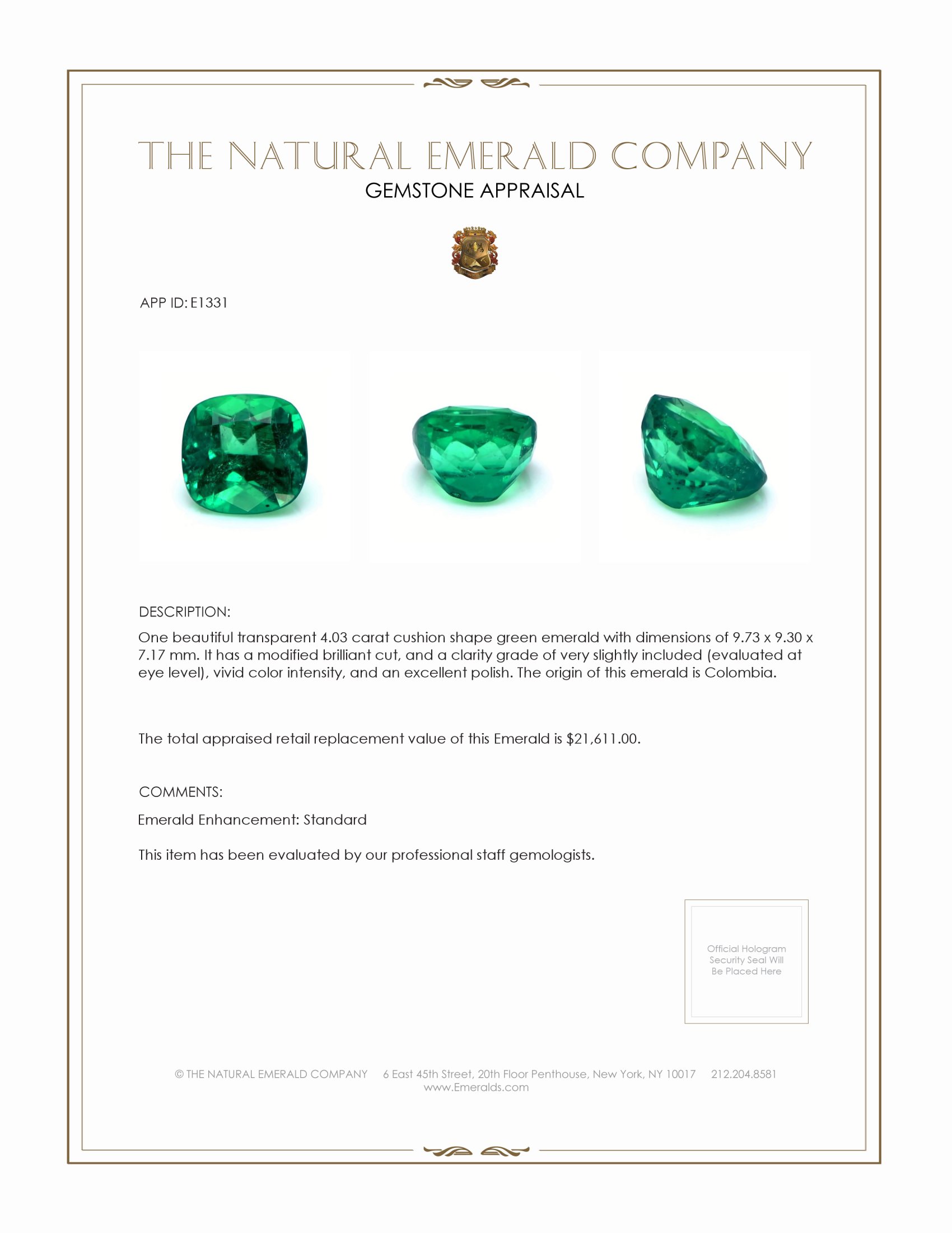 4.03 Ct. Emerald from Colombia