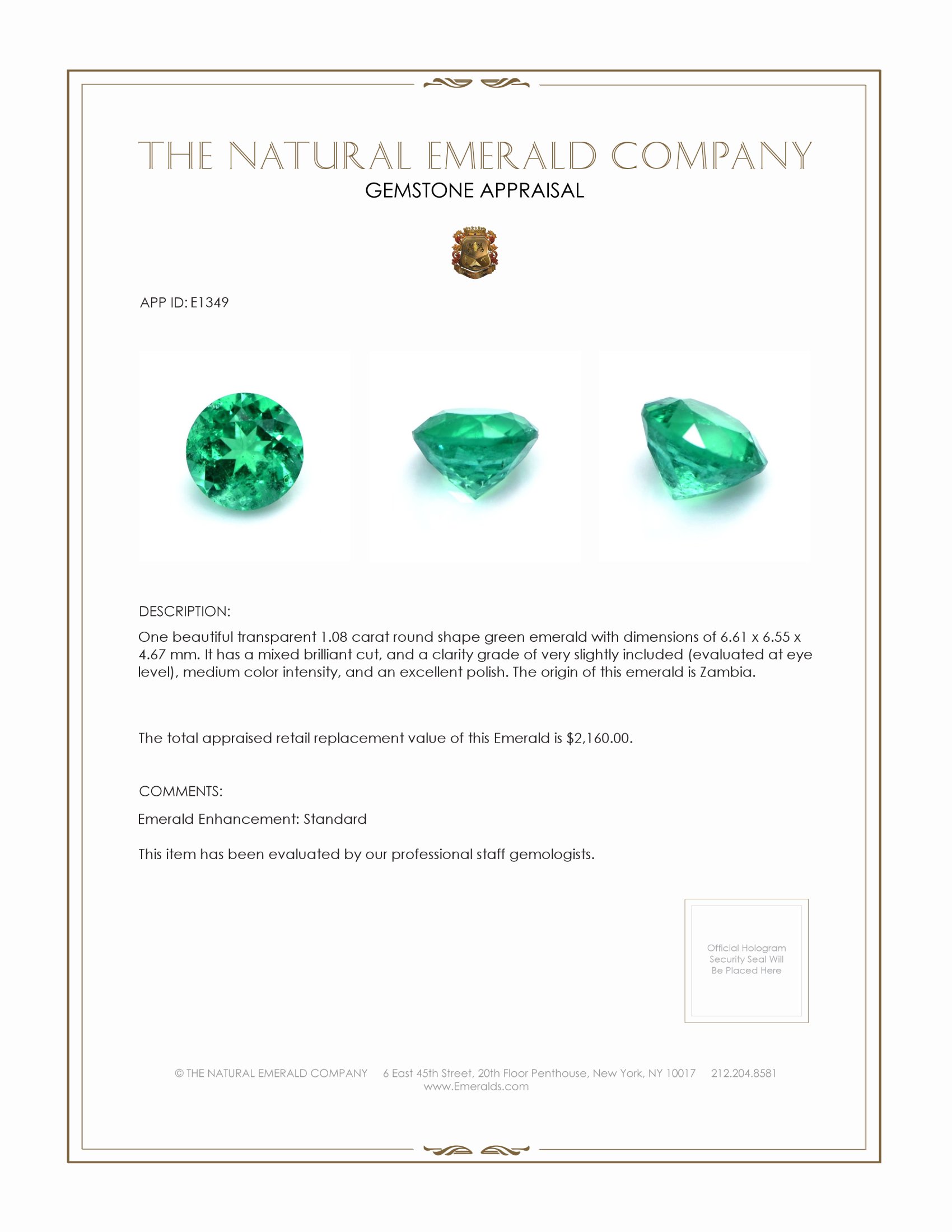 1.08 Ct. Emerald from Zambia