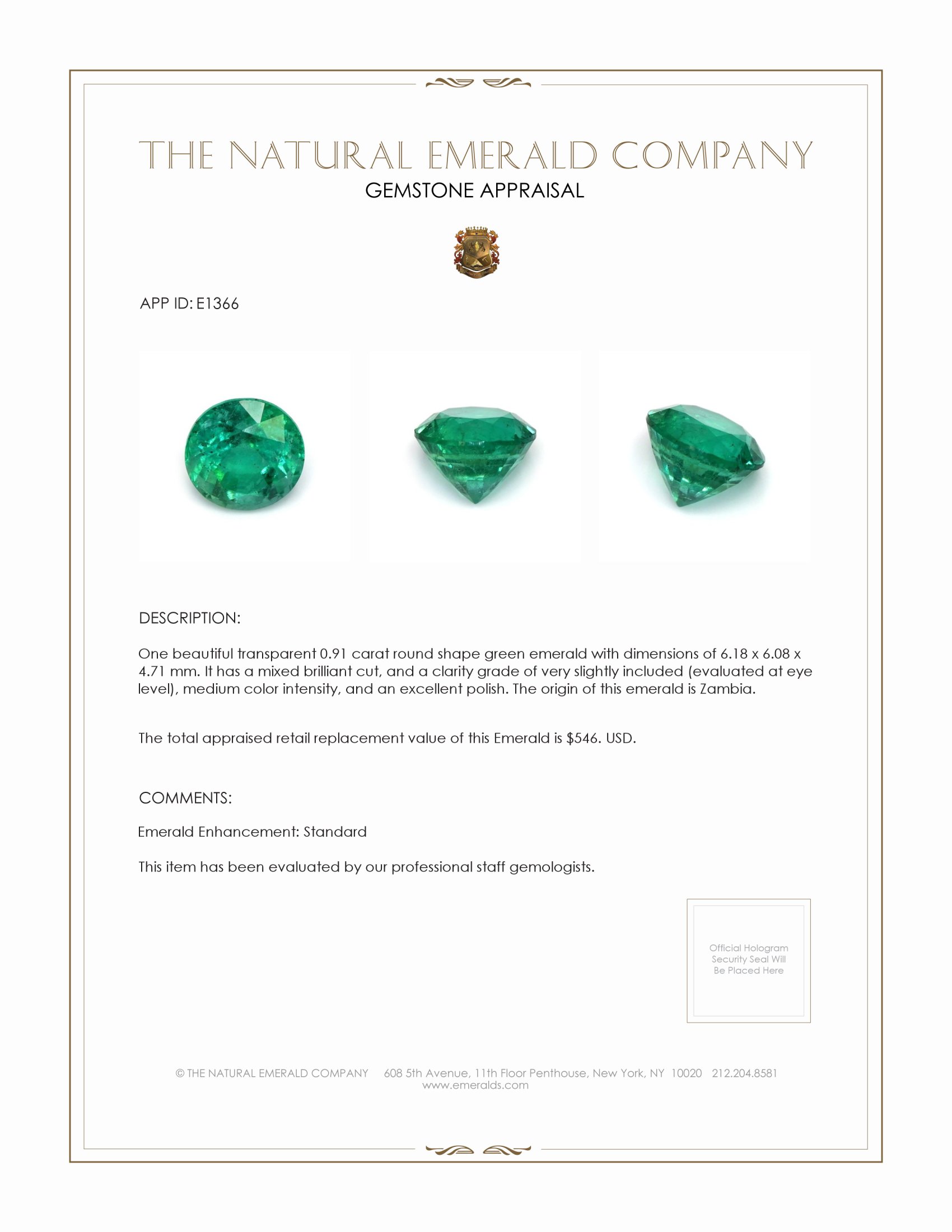 0.91 Ct. Emerald from Zambia