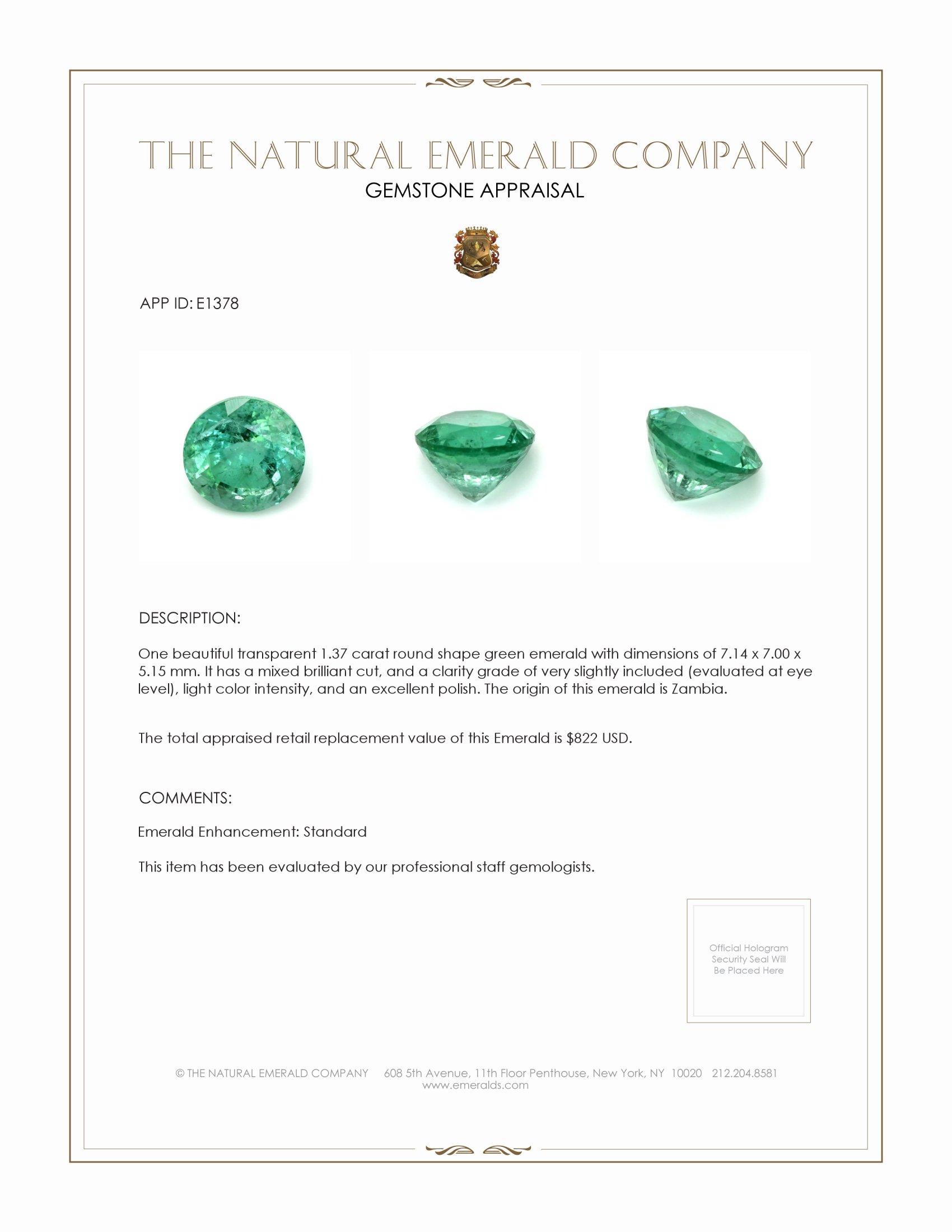 1.37 Ct. Emerald from Zambia