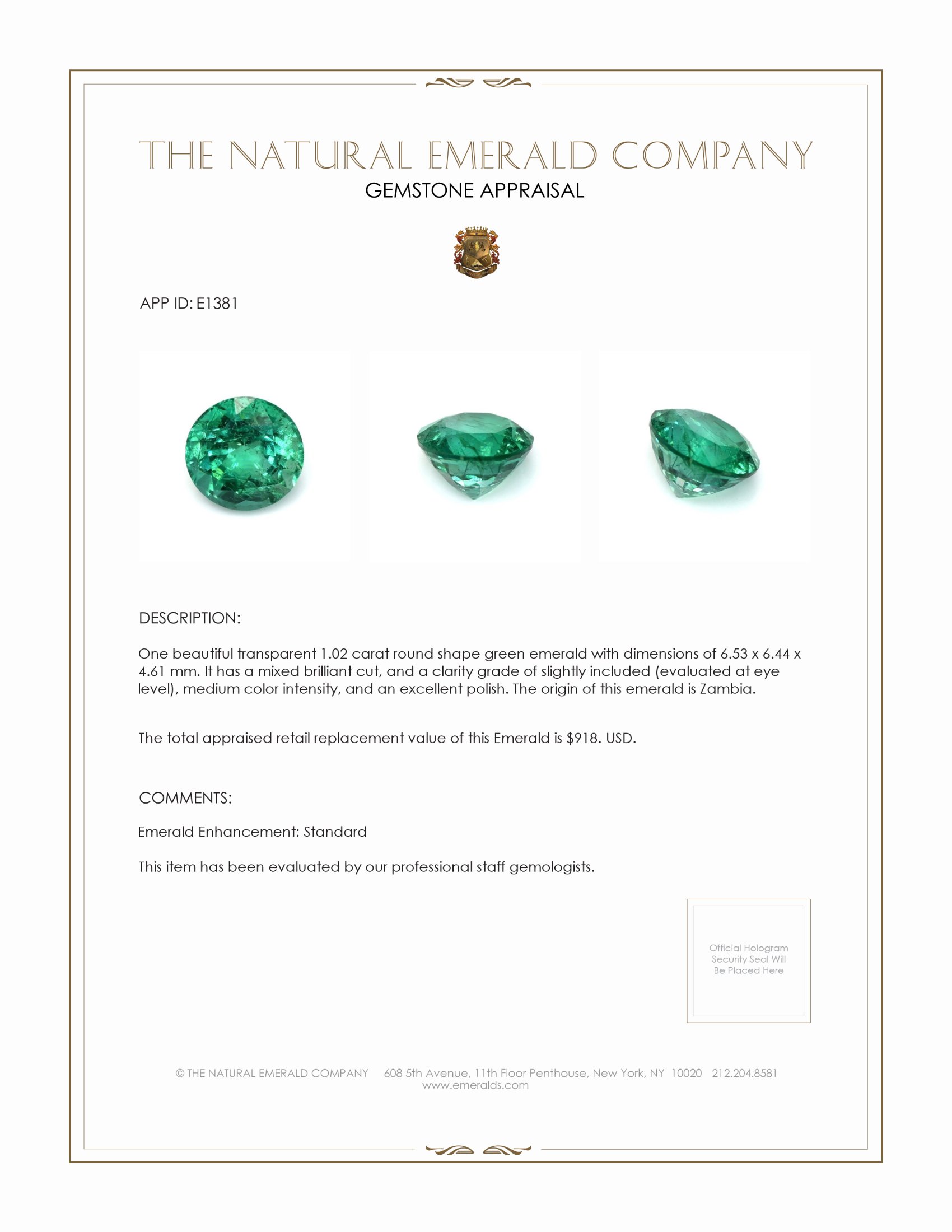 1.02 Ct. Emerald from Zambia