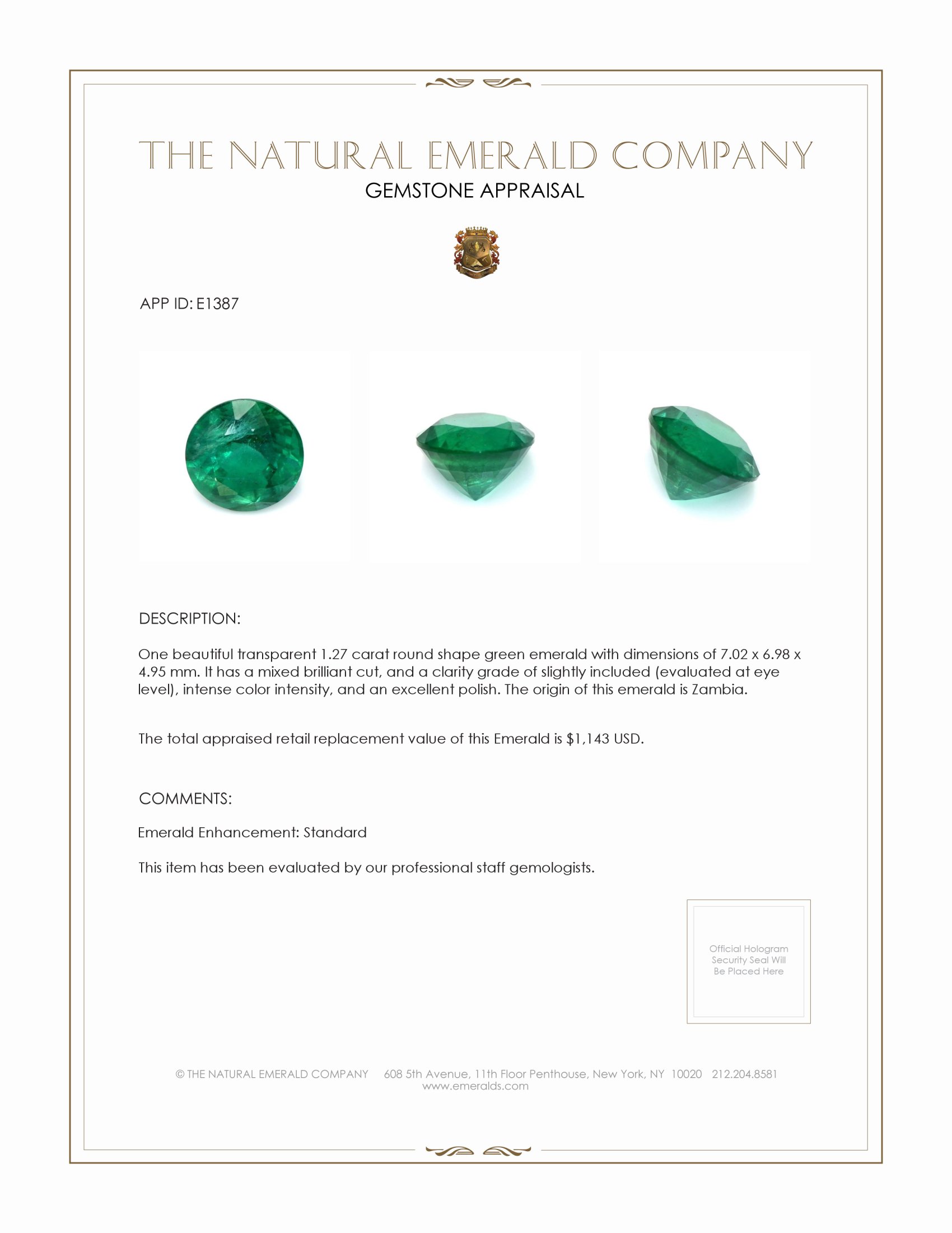 1.27 Ct. Emerald from Zambia