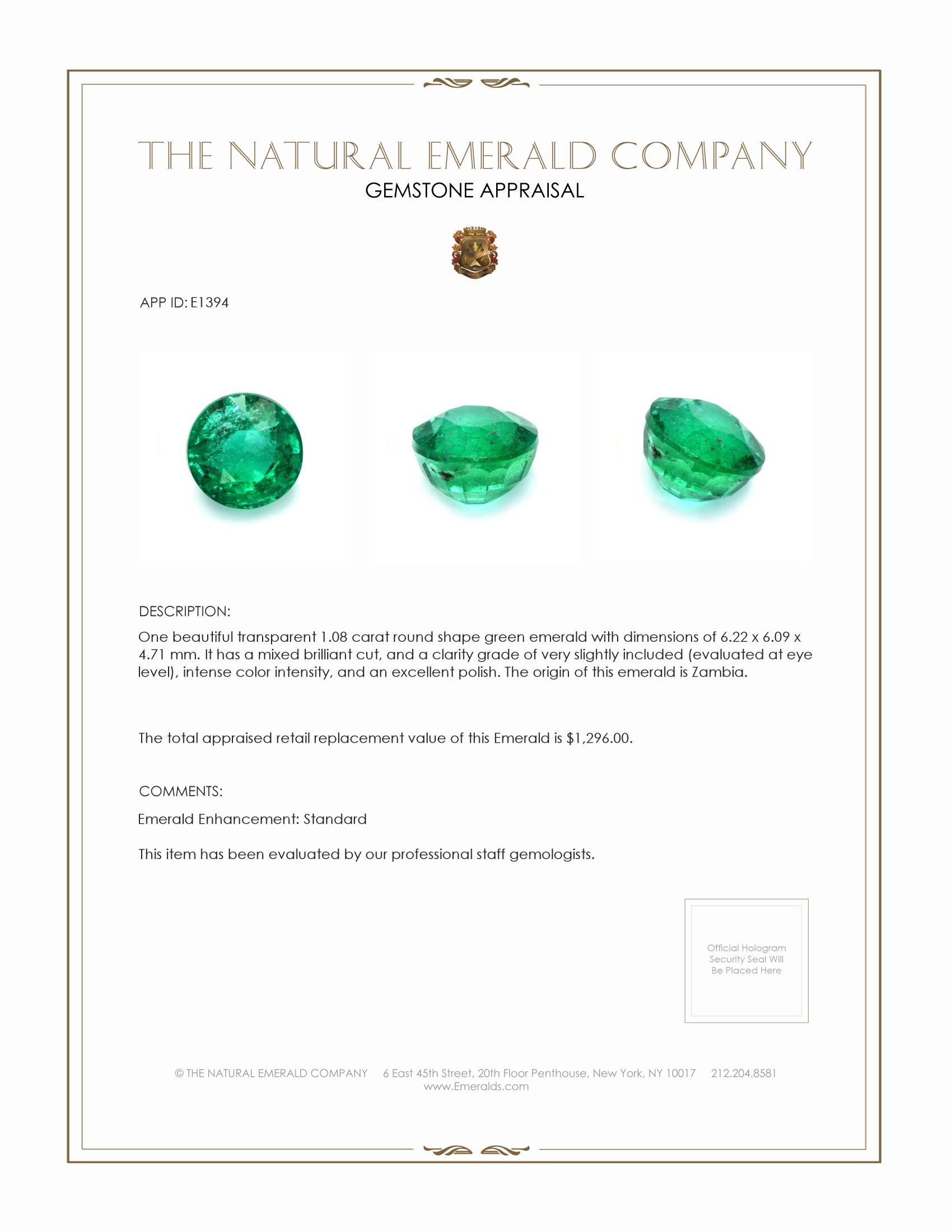 1.08 Ct. Emerald from Zambia