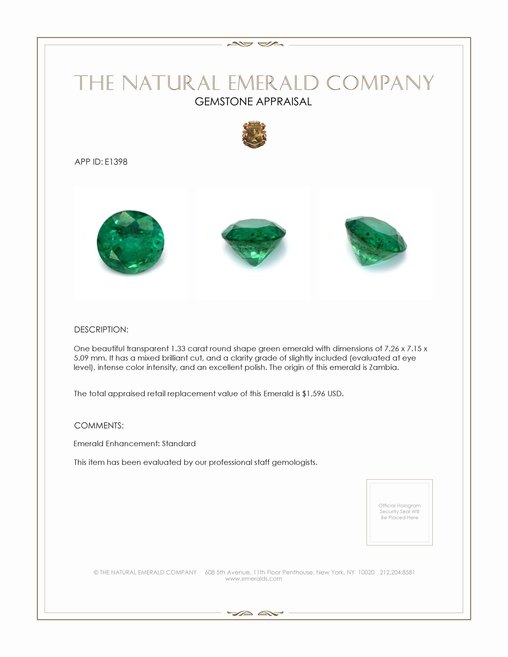 1.33 Ct. Emerald from Zambia