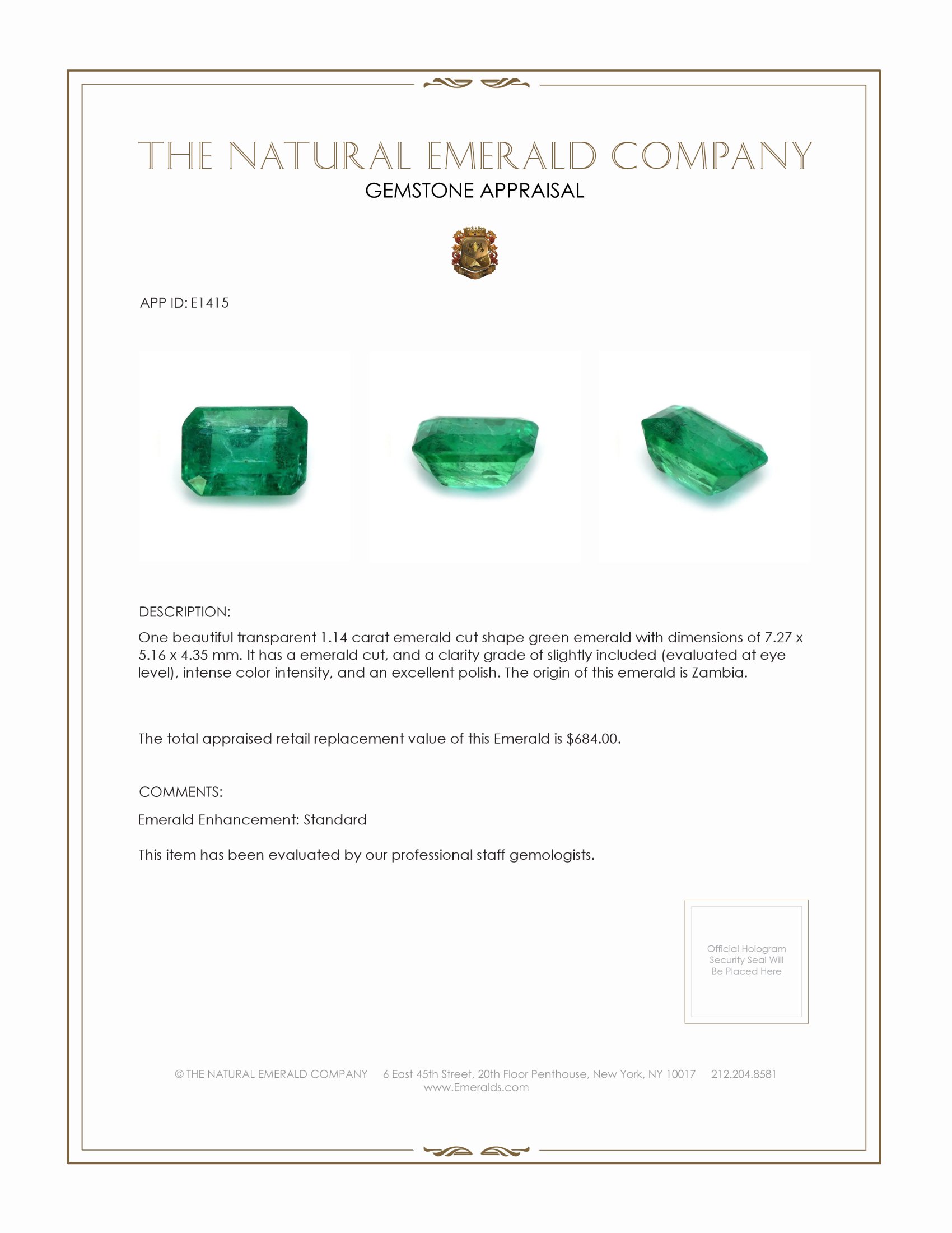 1.14 Ct. Emerald from Zambia