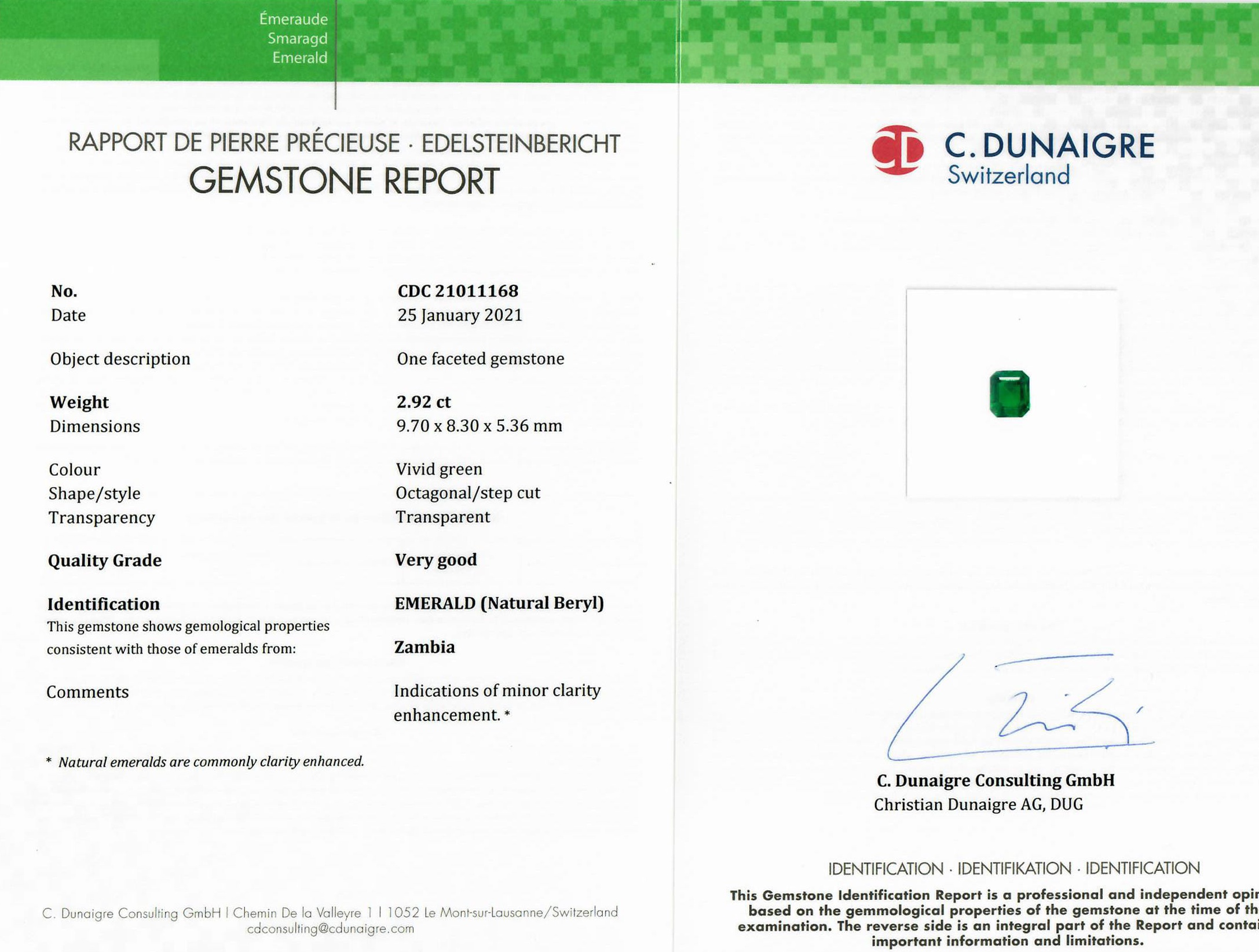 2.92 Ct. Emerald from Zambia