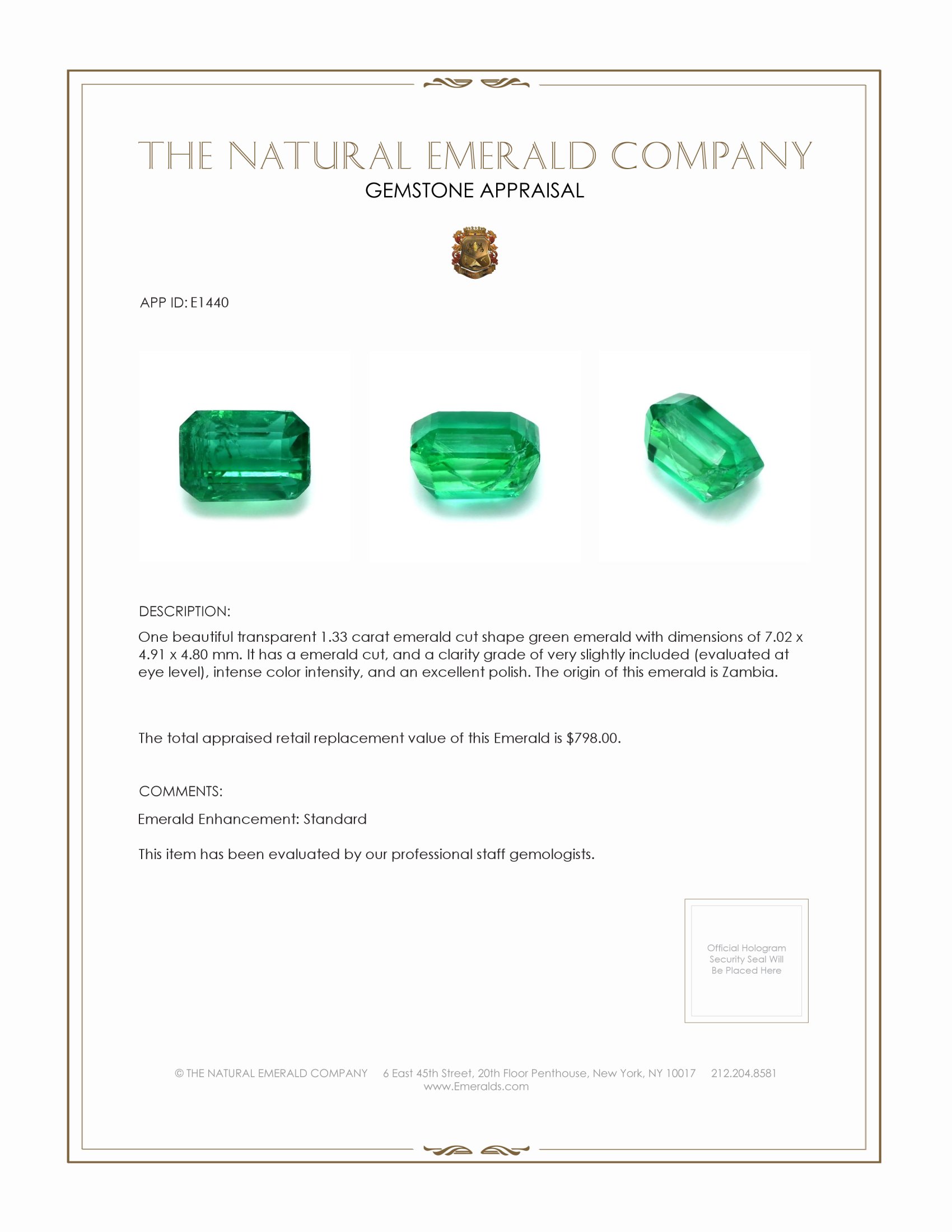 1.33 Ct. Emerald from Zambia