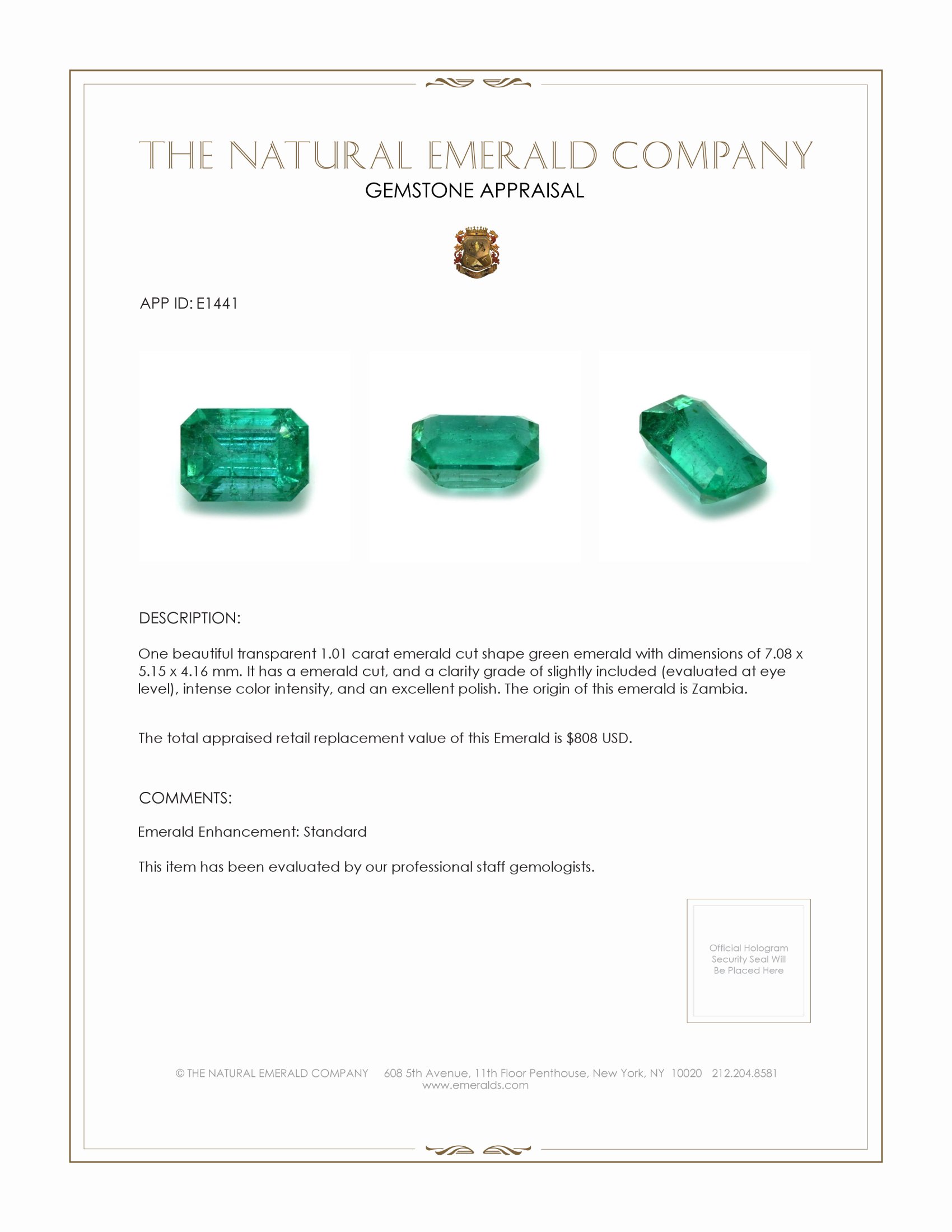 1.01 Ct. Emerald from Zambia