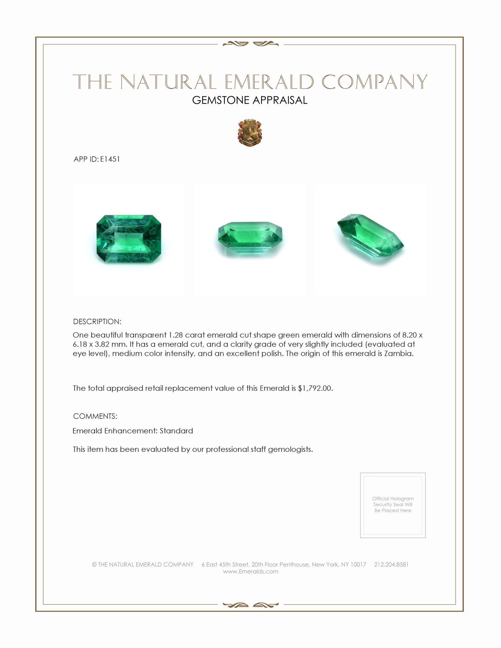 1.28 Ct. Emerald from Zambia
