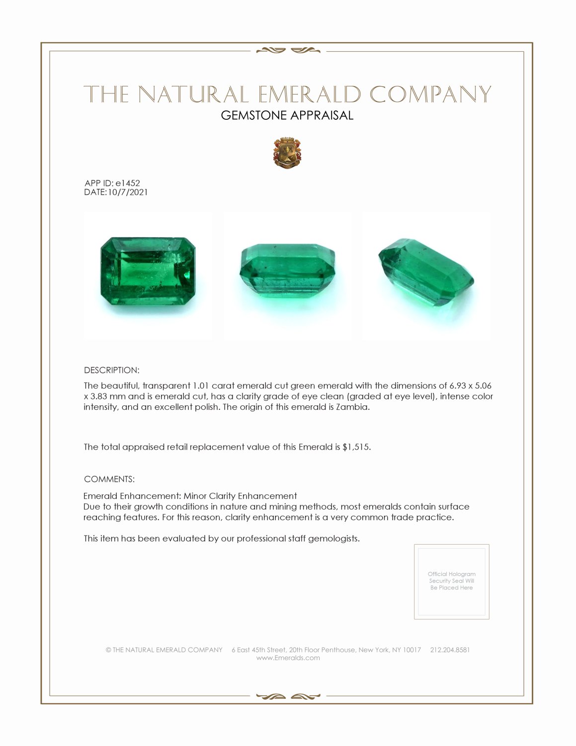 1.01 Ct. Emerald from Zambia