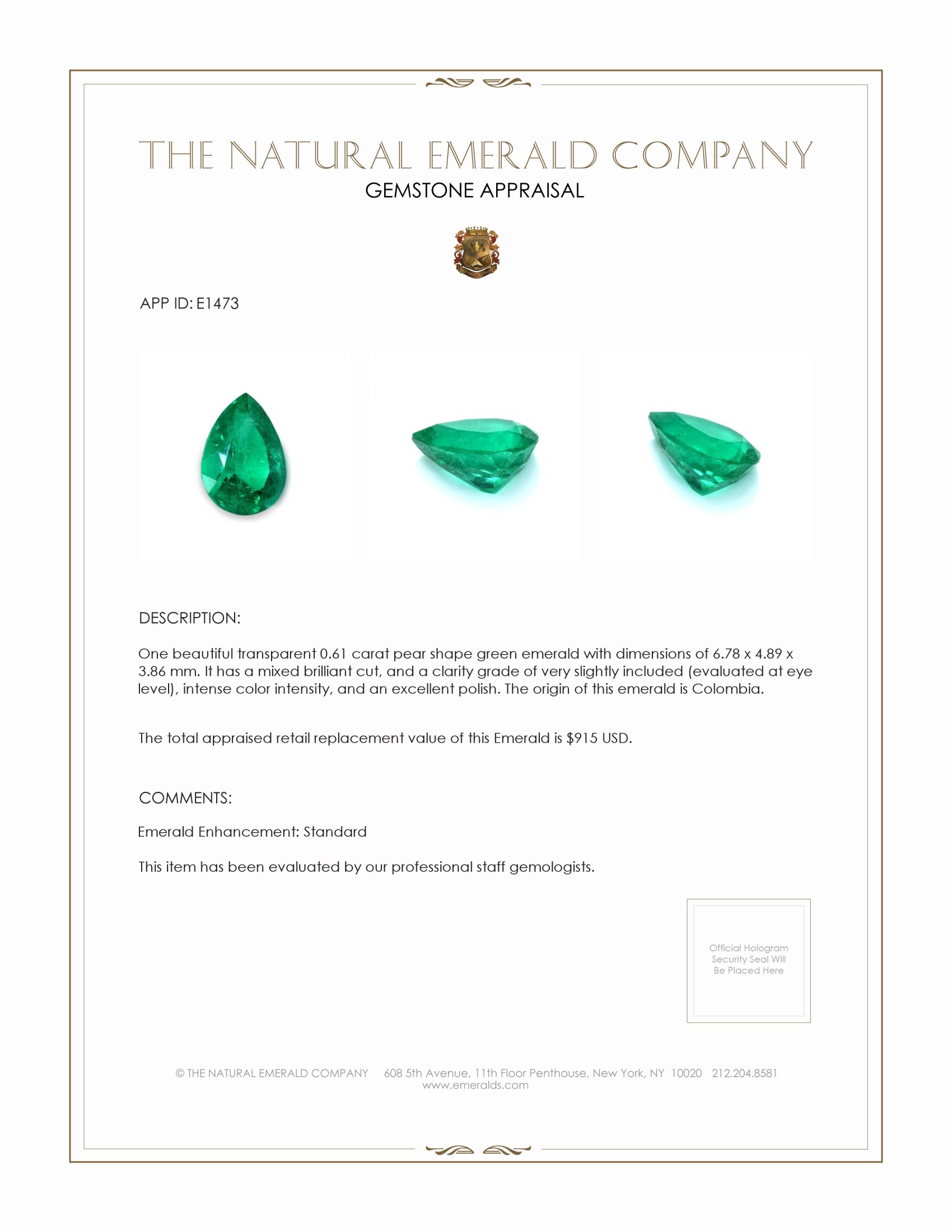 0.61 Ct. Emerald from Colombia