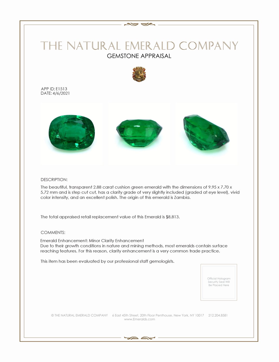 2.88 Ct. Emerald from Zambia