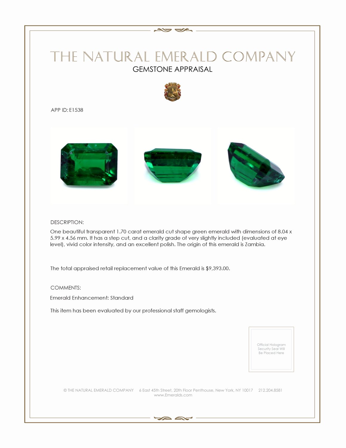 1.70 Ct. Emerald from Zambia