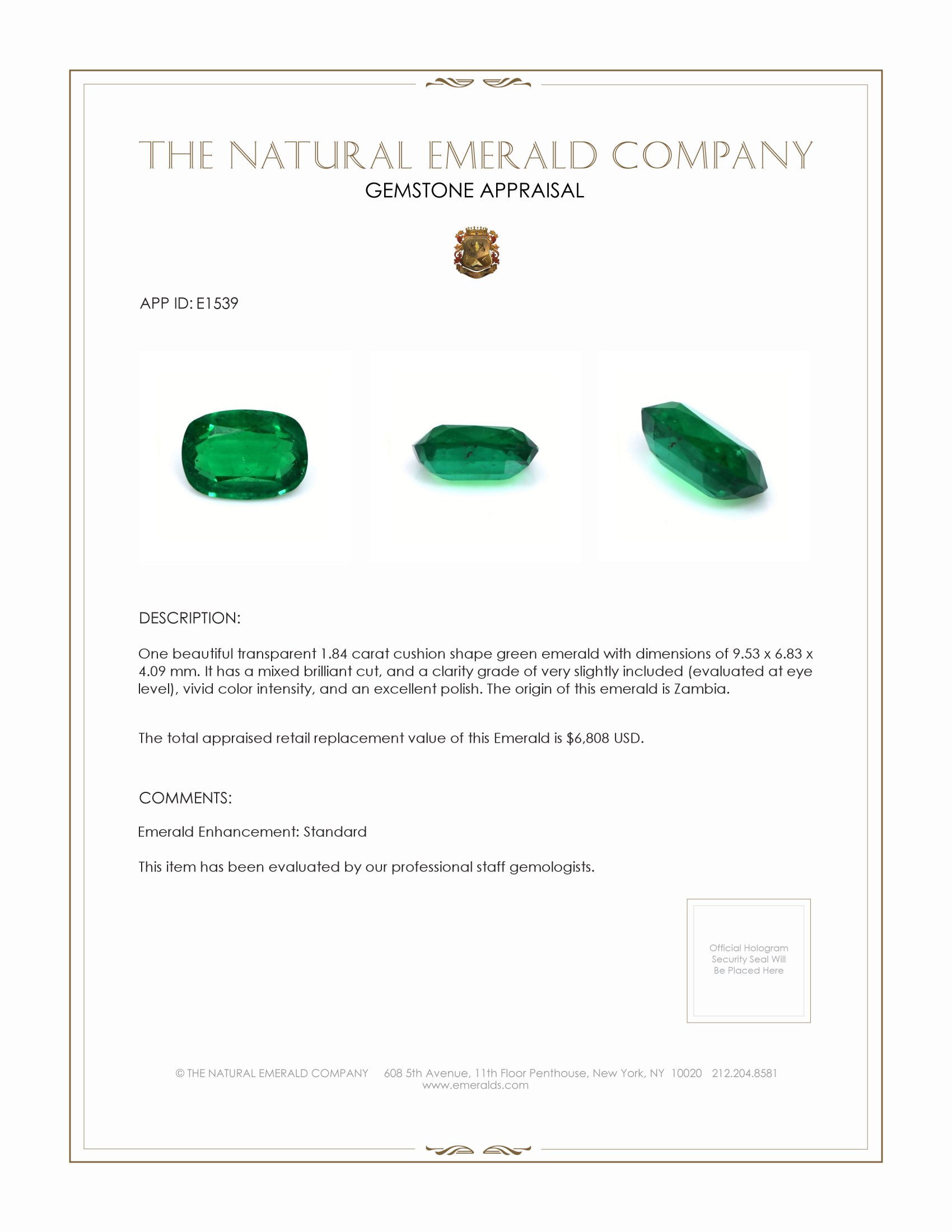 1.84 Ct. Emerald from Zambia