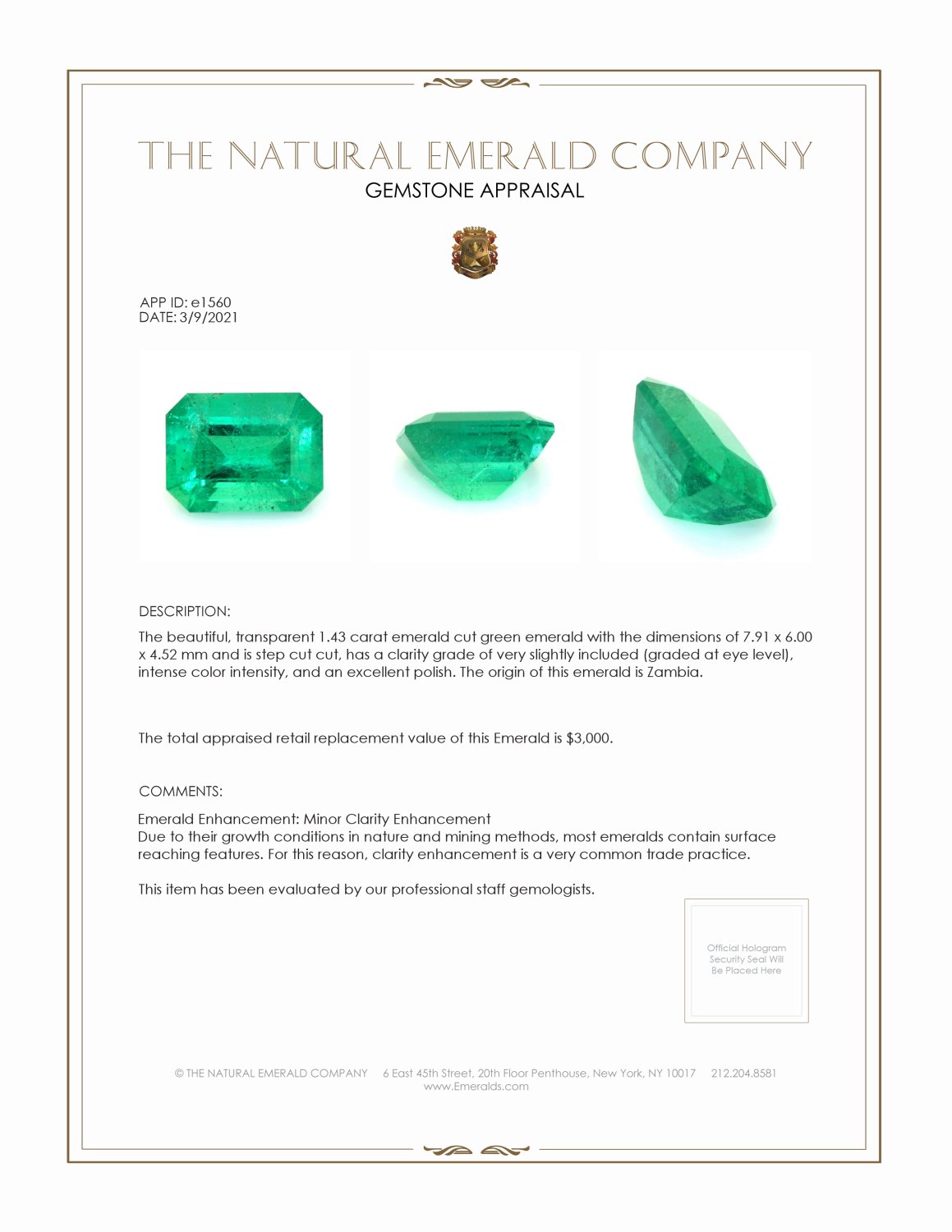 1.43 Ct. Emerald from Zambia