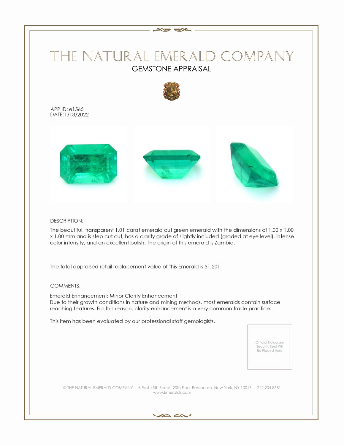 0.84 Ct. Emerald from Zambia