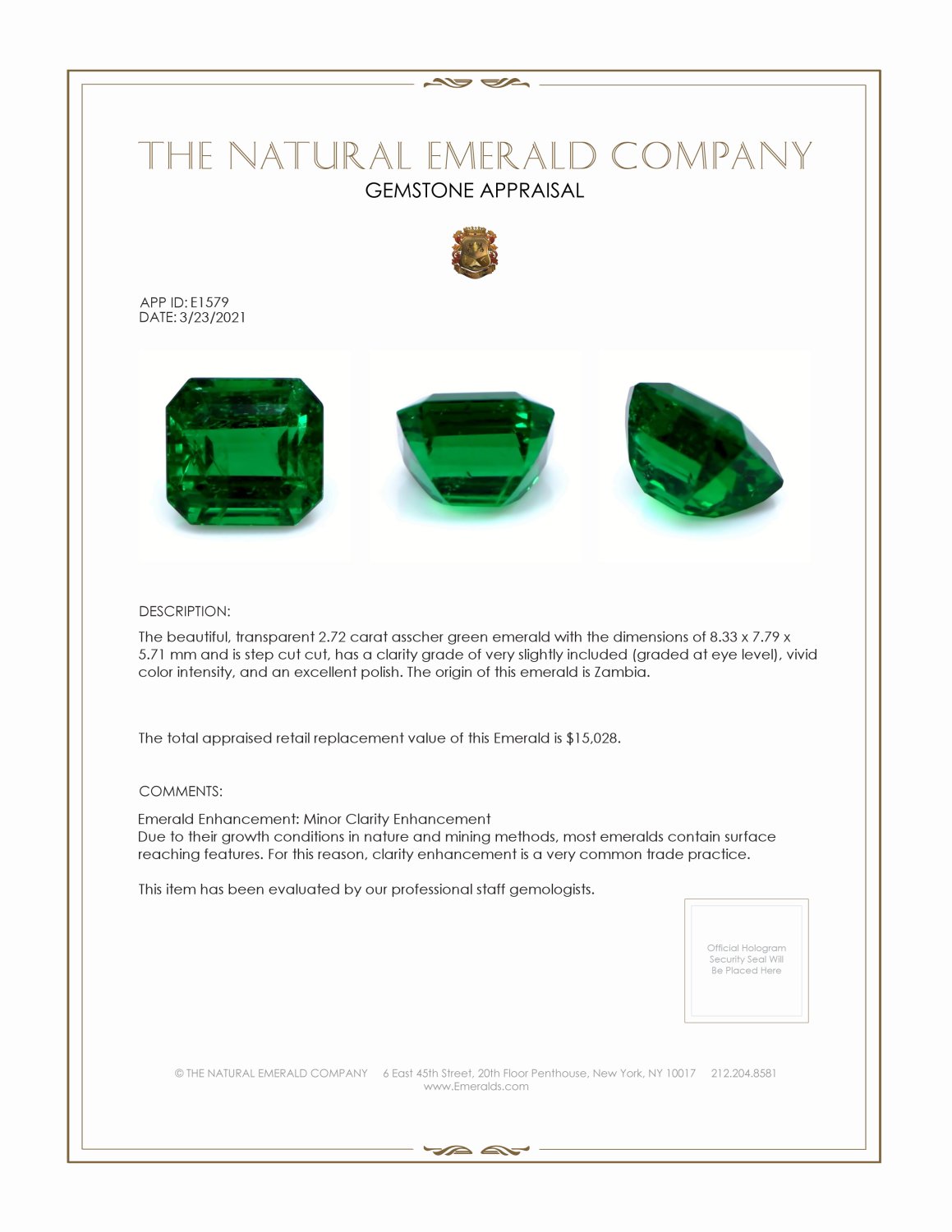2.72 Ct. Emerald from Zambia