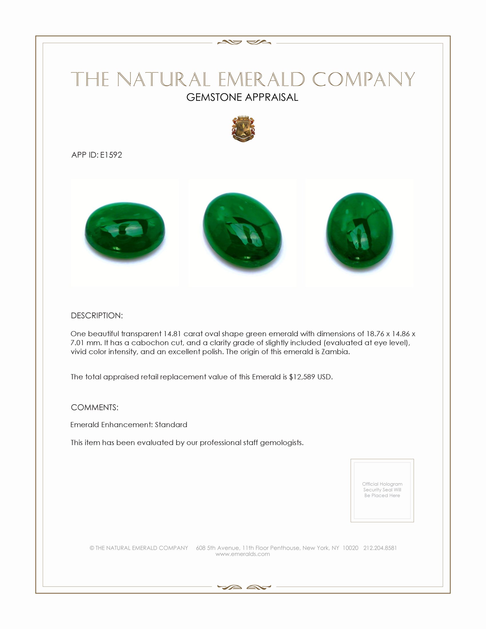 14.81 Ct. Cabochon Emerald from Zambia