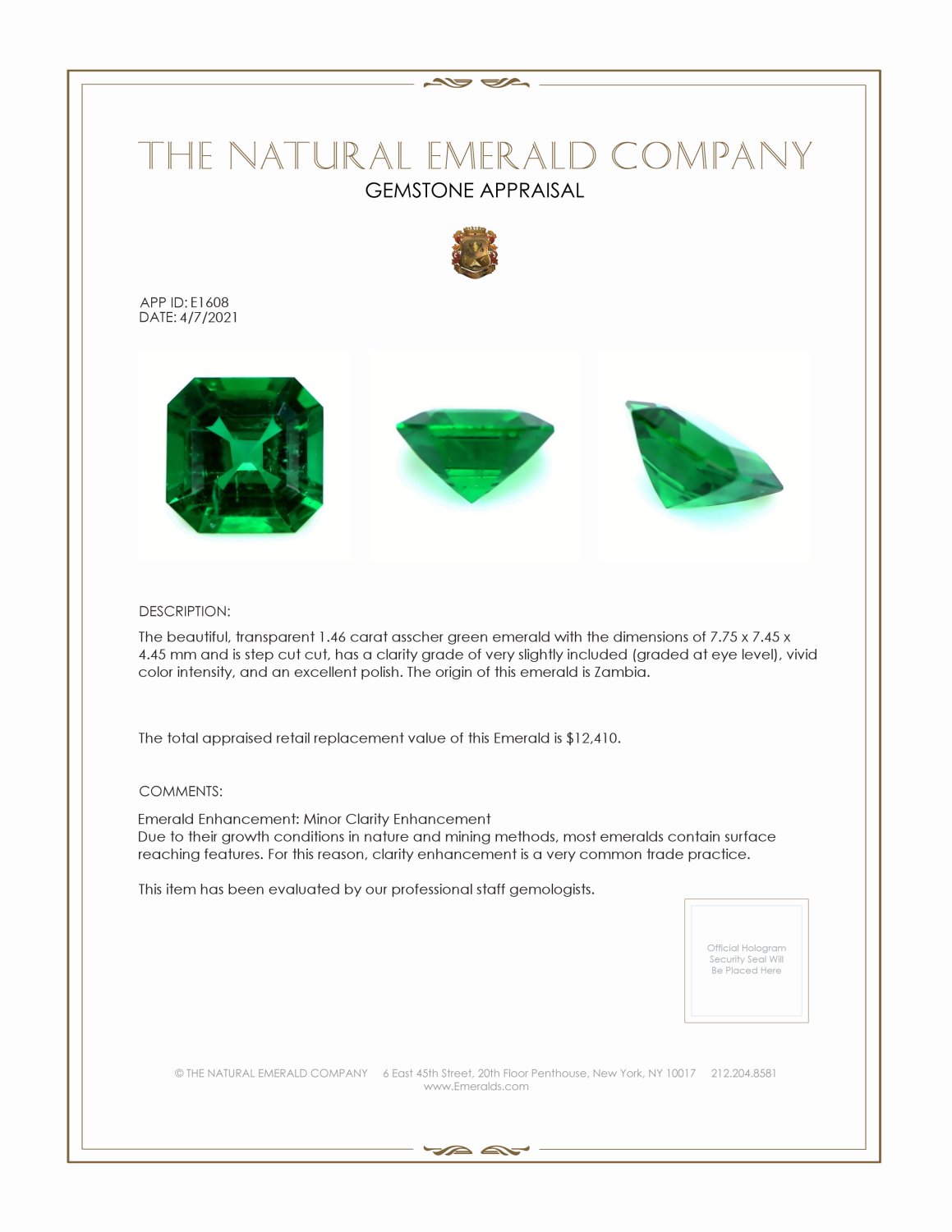 1.46 Ct. Emerald from Zambia