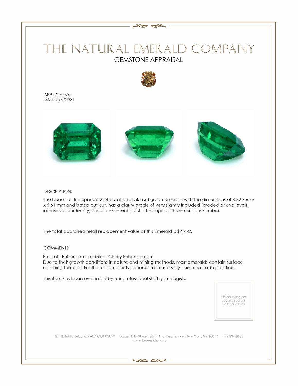 2.34 Ct. Emerald from Zambia