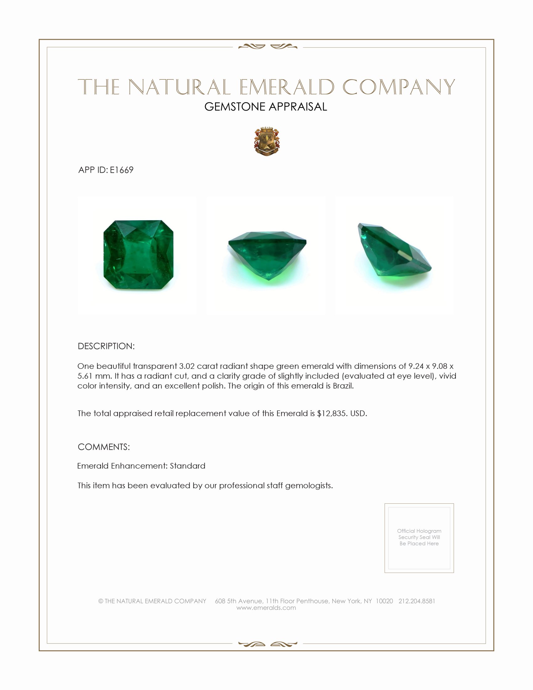 绿宝石裸石- 雷迪恩琢型3.02 Ct. - #E1669 | The Natural Emerald Company