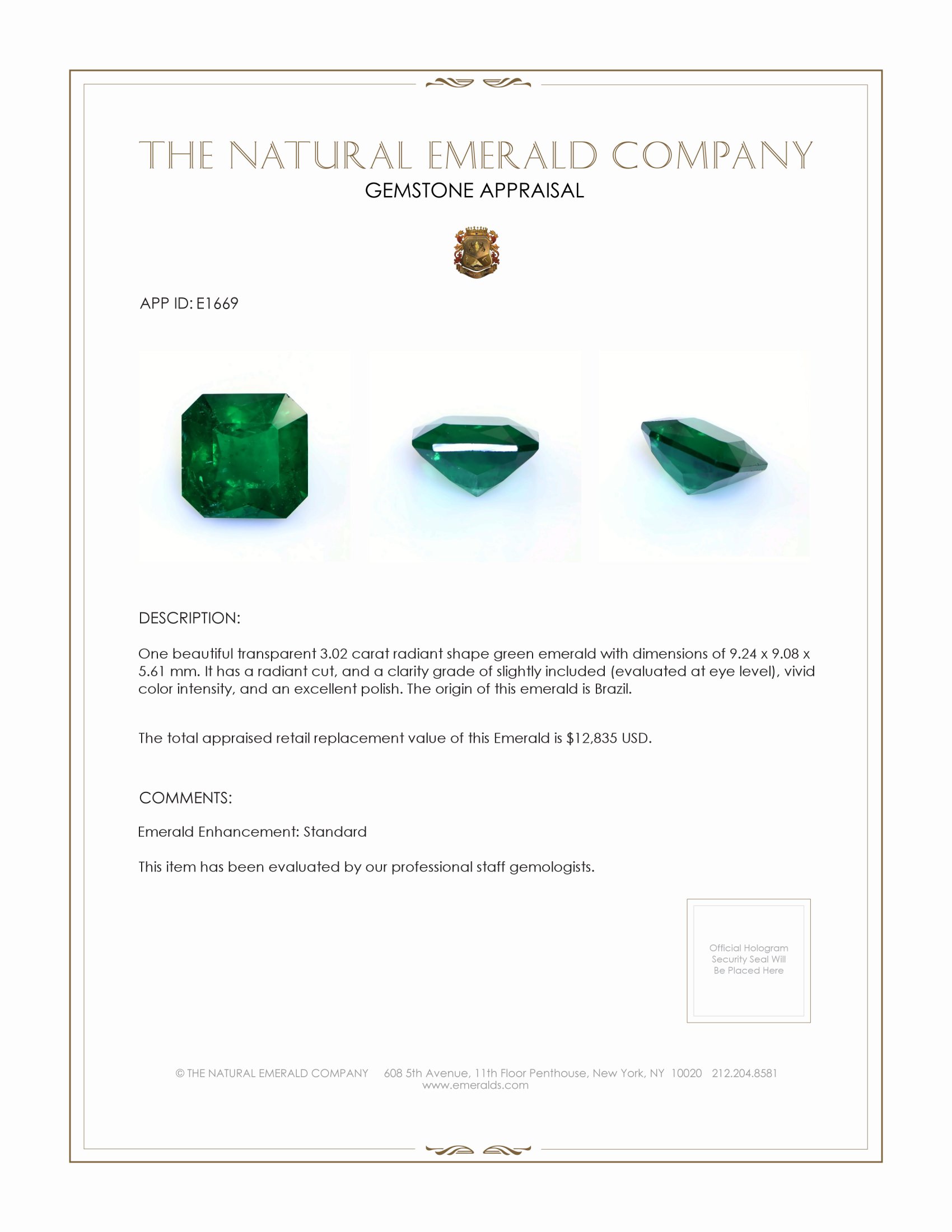 3.02 Ct. Emerald from Brazil