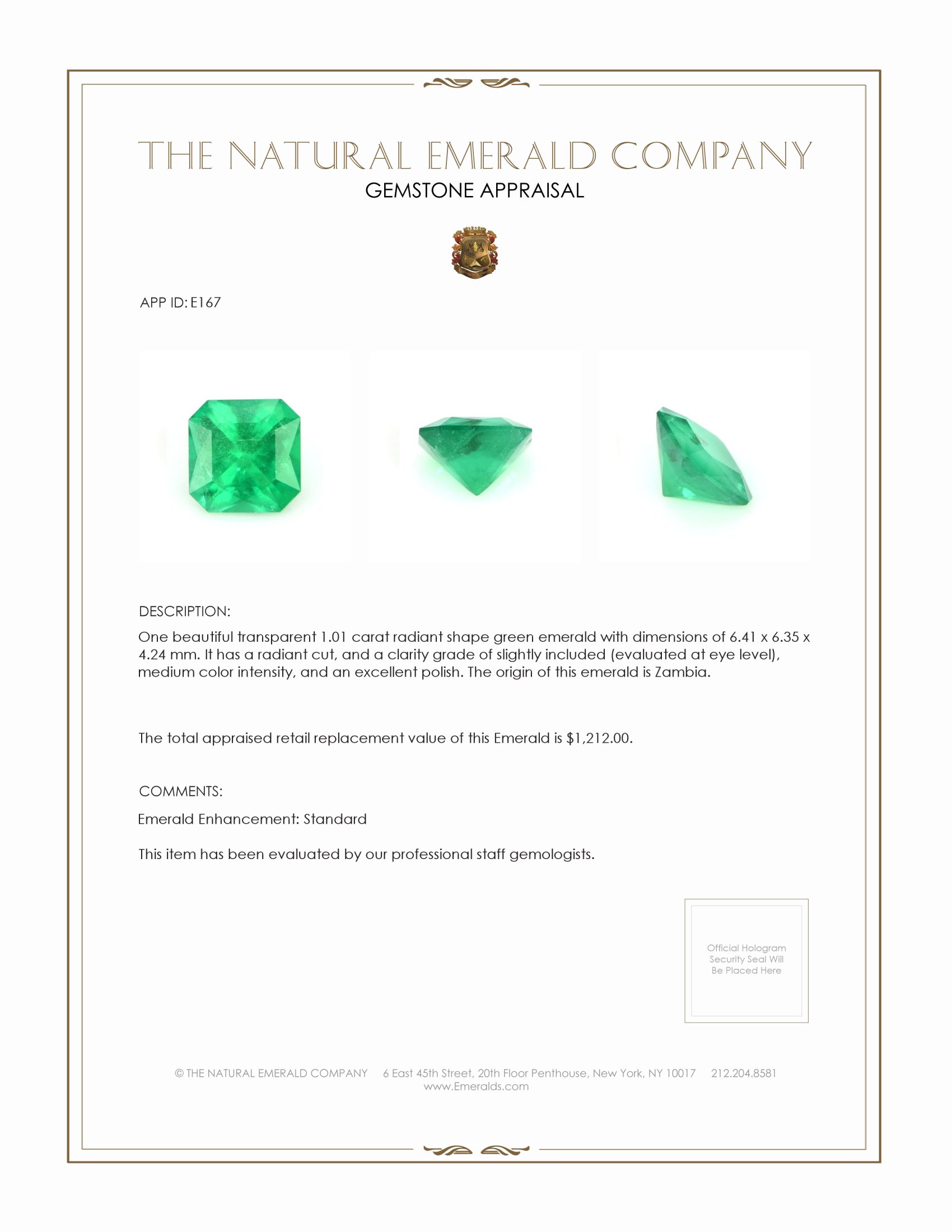 1.01 Ct. Emerald 来自 赞比亚