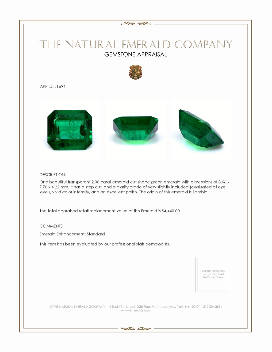 2.00 Ct. Emerald from Zambia