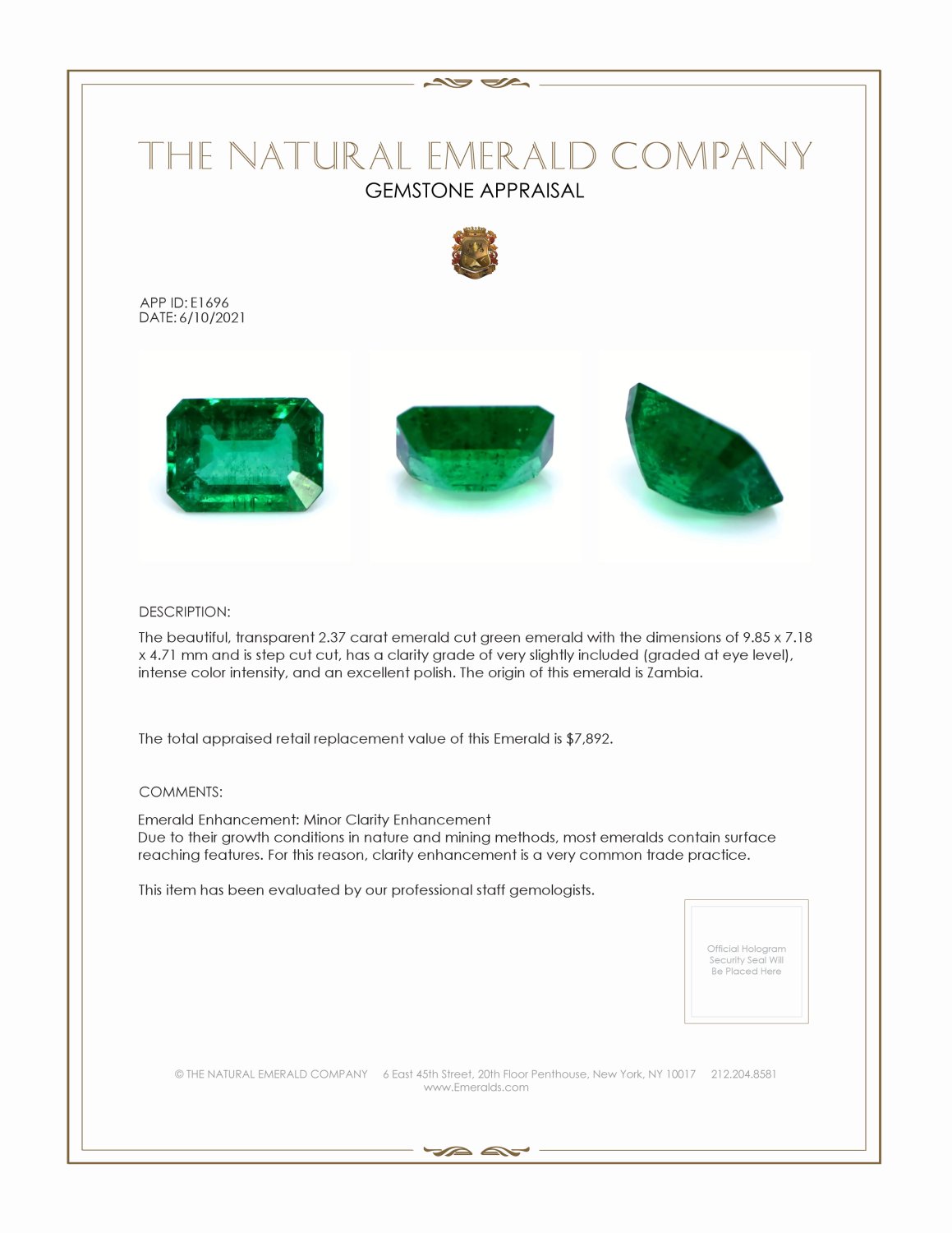 2.37 Ct. Emerald from Zambia