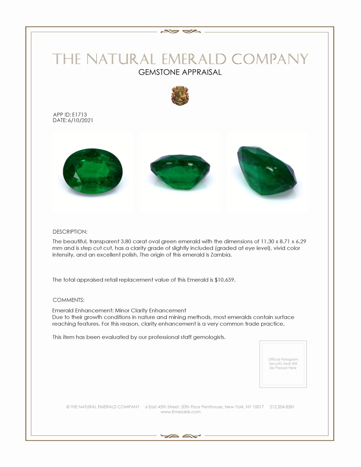 3.80 Ct. Emerald from Zambia