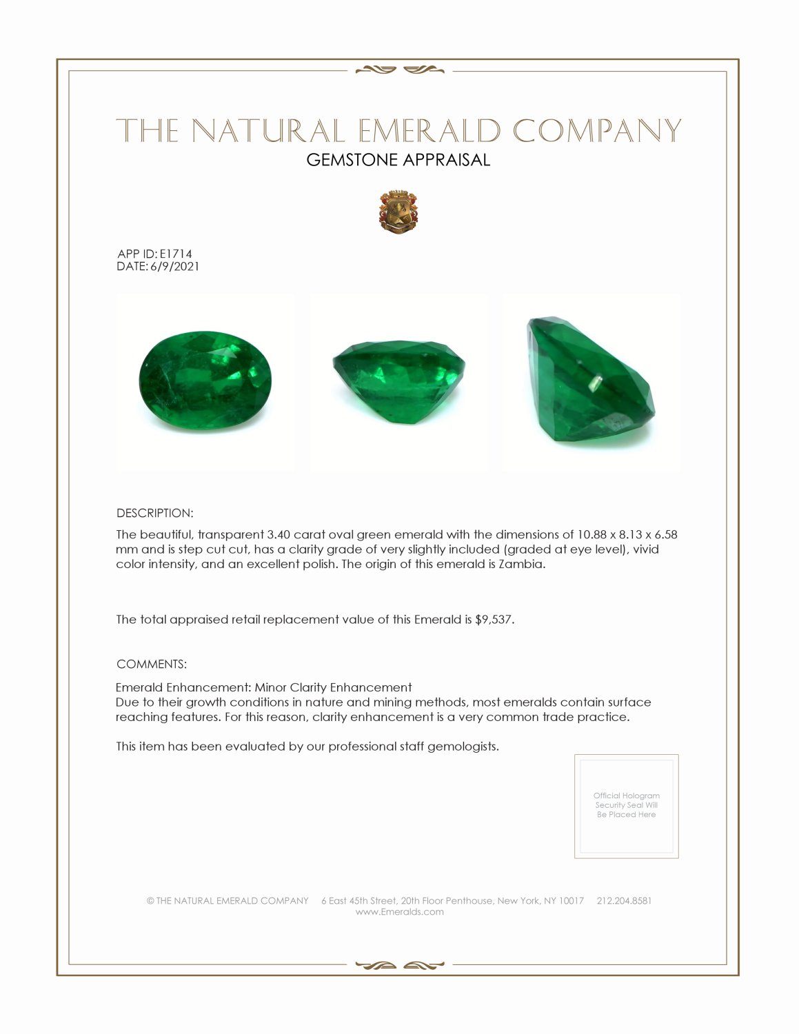 3.40 Ct. Emerald from Zambia