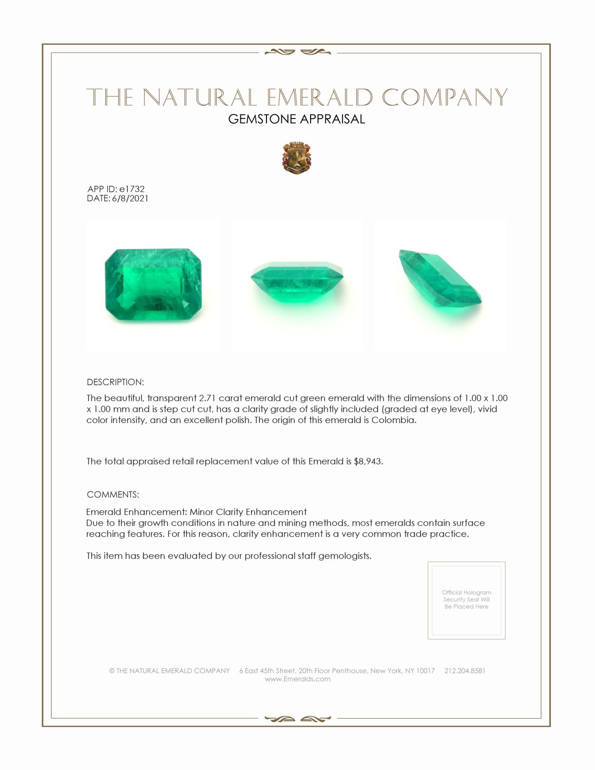 2.71 Ct. Emerald from Colombia
