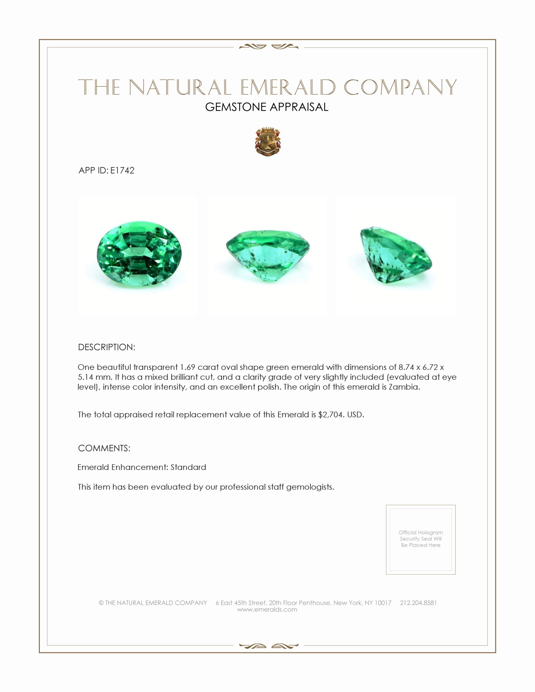 1.69 Ct. Emerald from Zambia