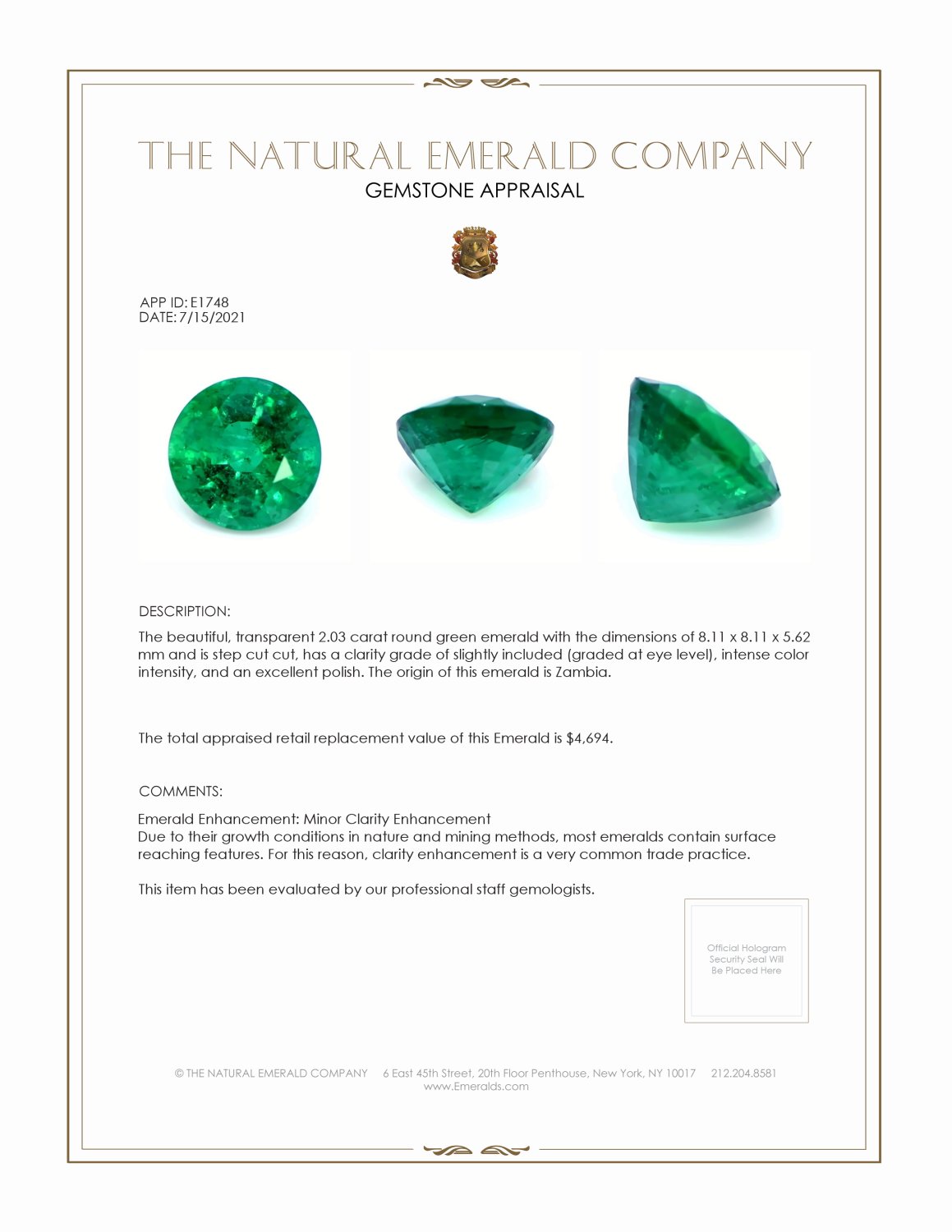 2.03 Ct. Emerald from Zambia