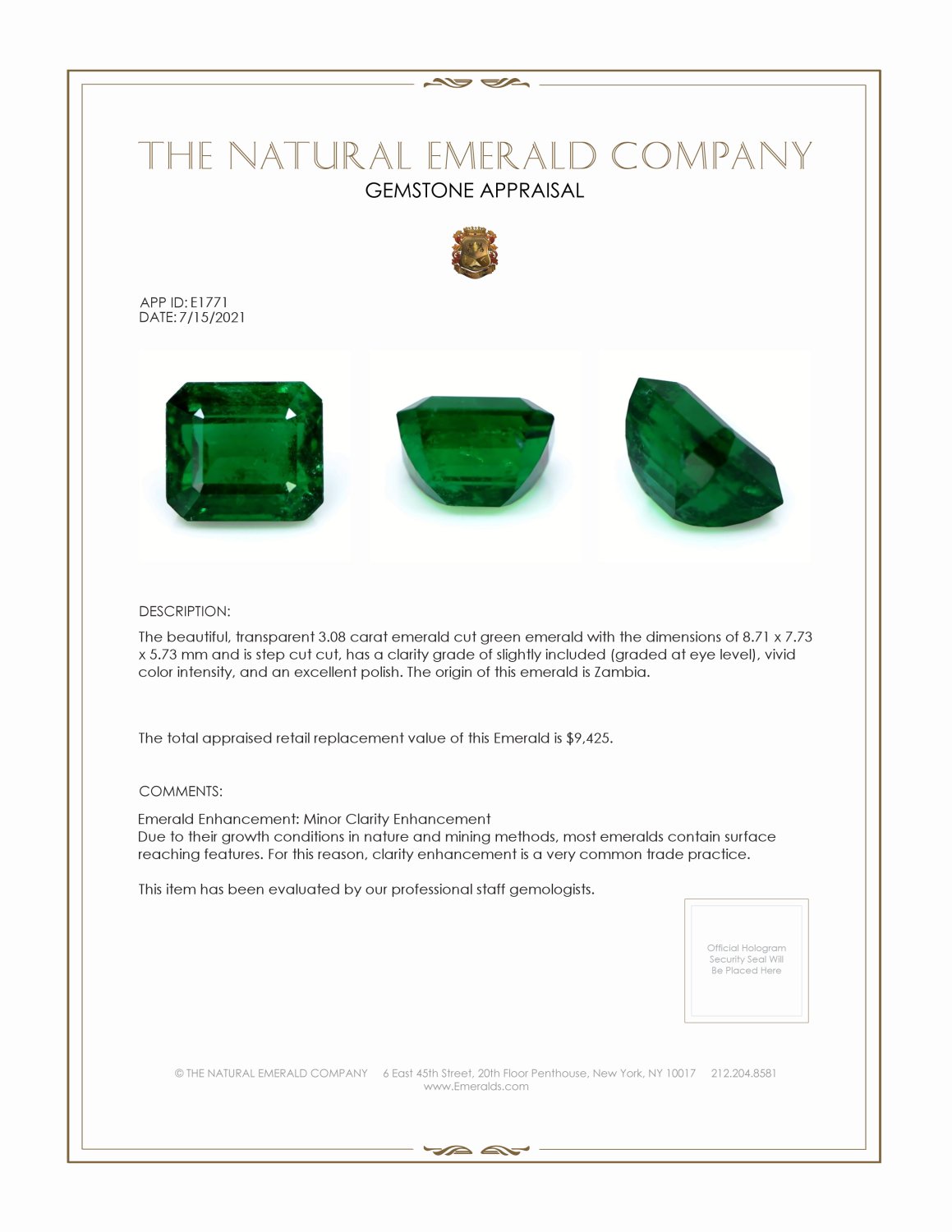3.08 Ct. Emerald from Zambia