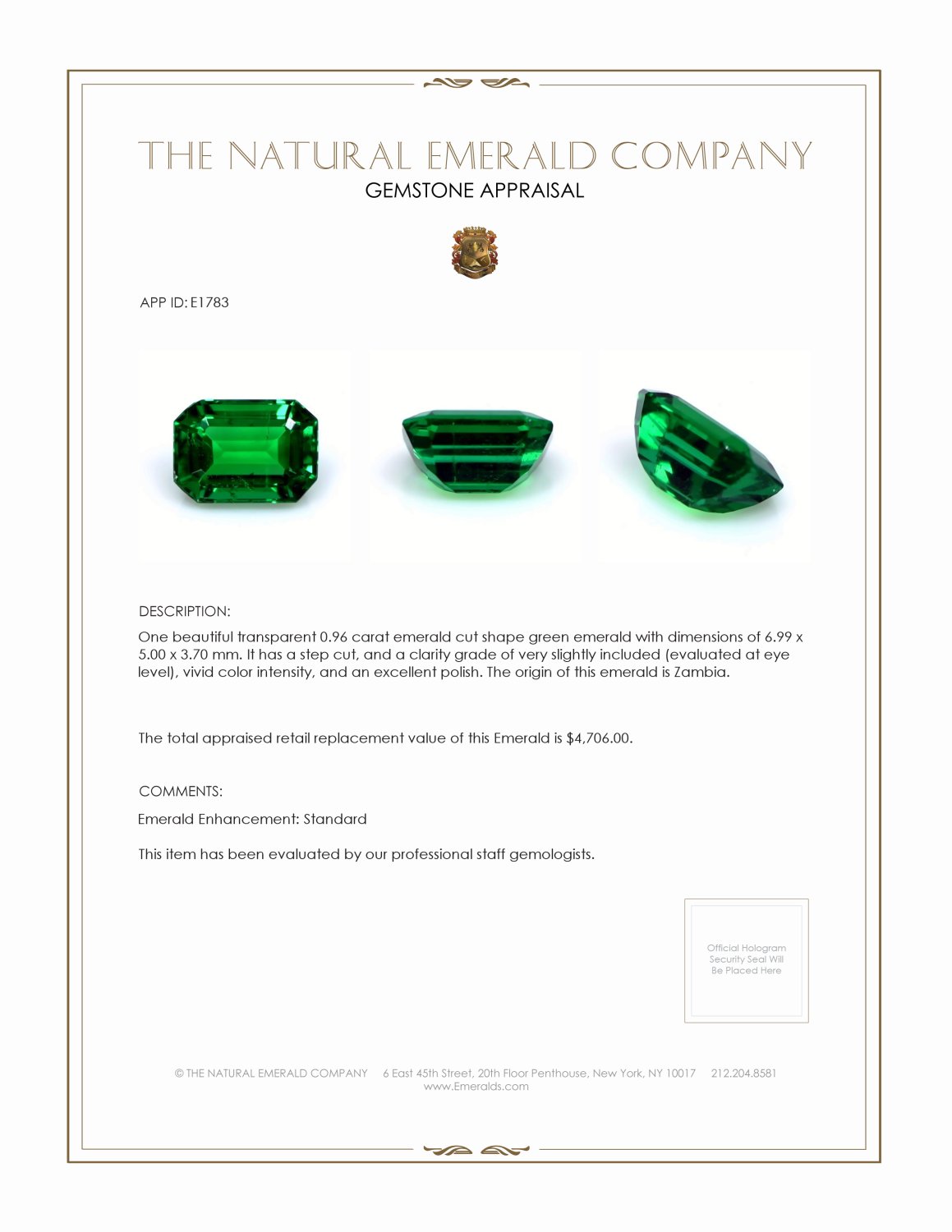 0.96 Ct. Emerald from Zambia
