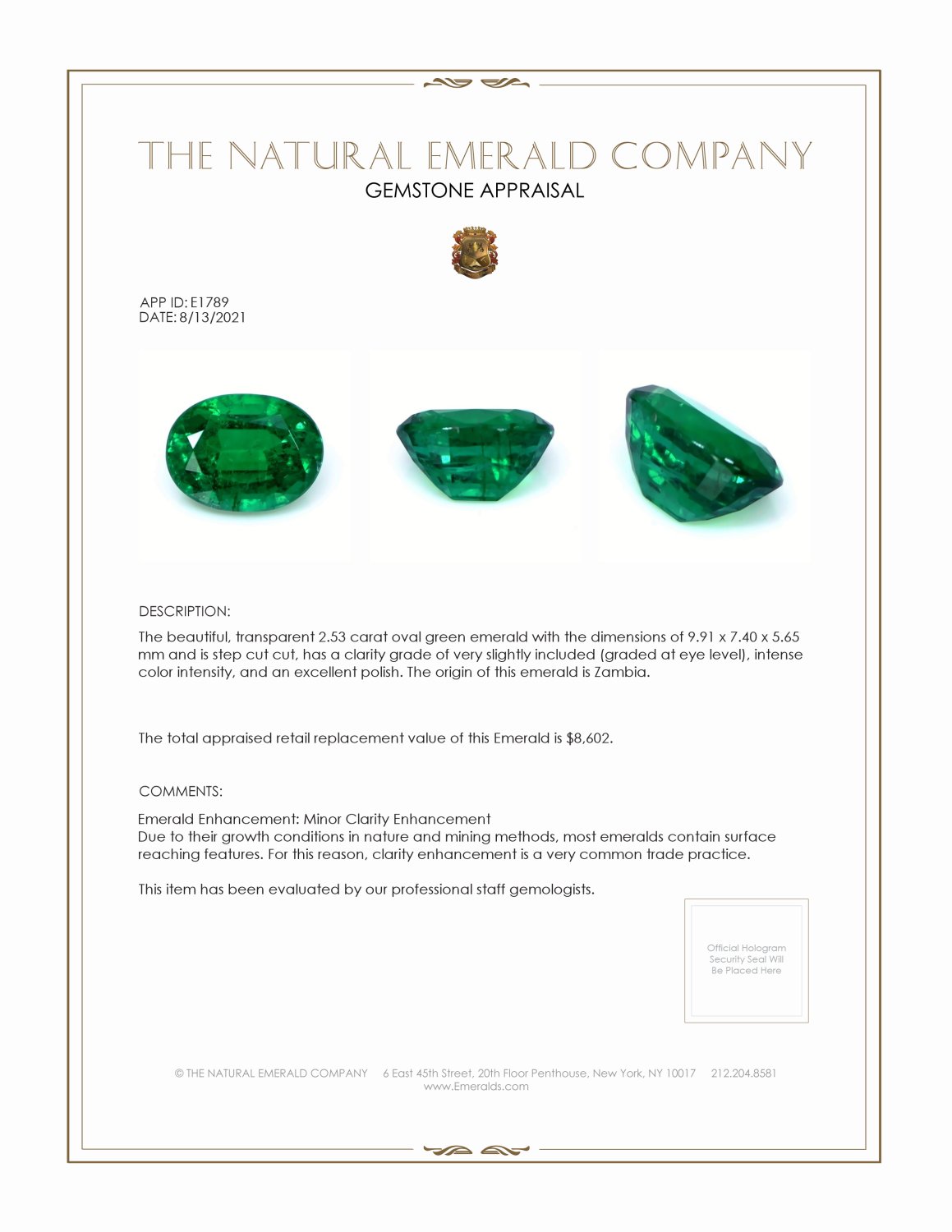 2.53 Ct. Emerald from Zambia