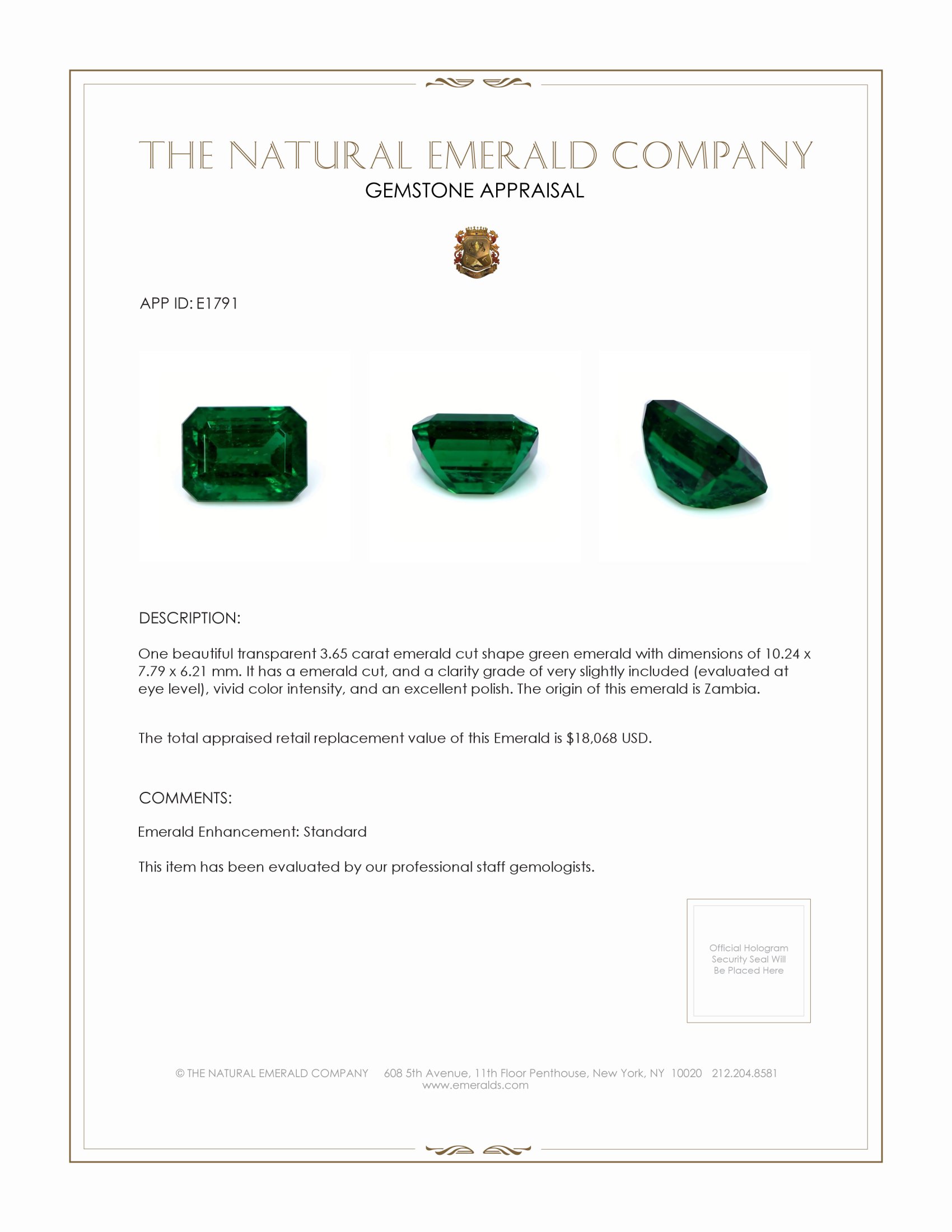 3.65 Ct. Emerald from Zambia