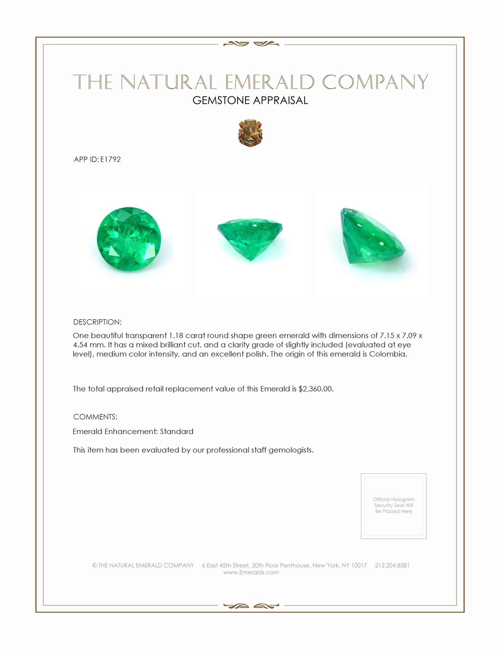 1.18 Ct. Emerald from Colombia