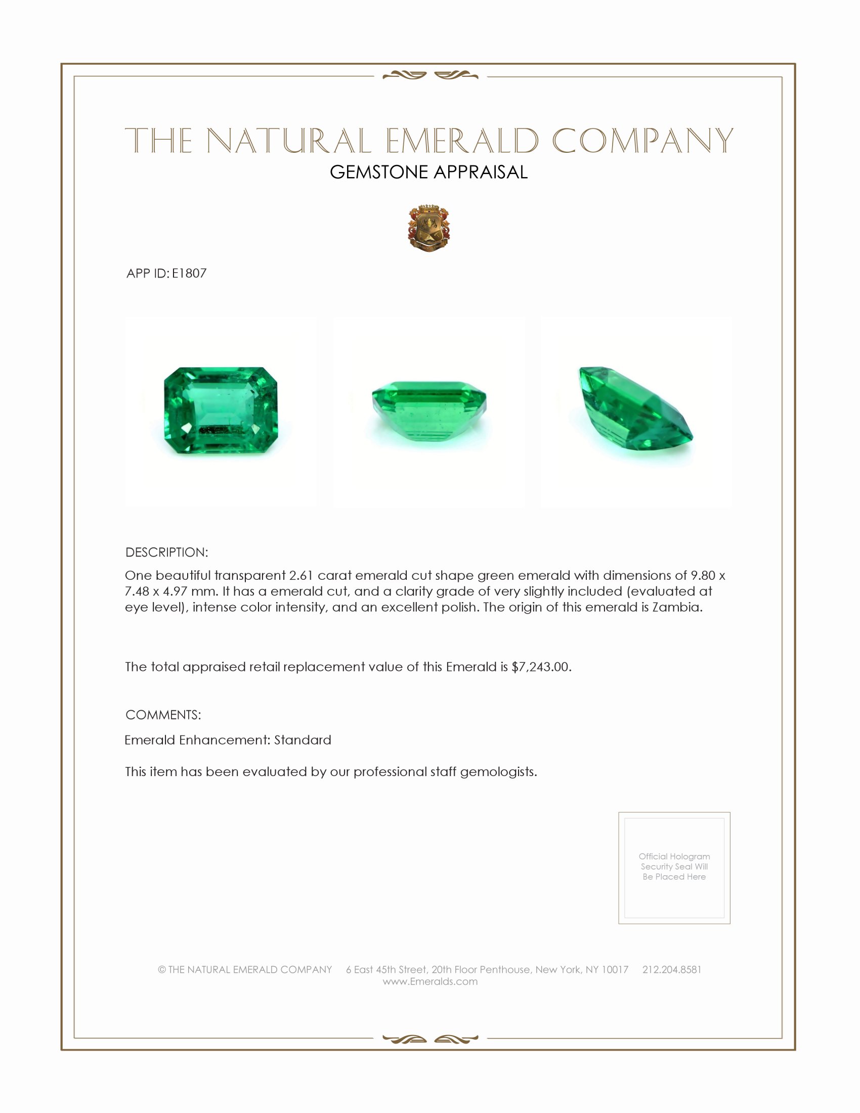 2.61 Ct. Emerald from Zambia