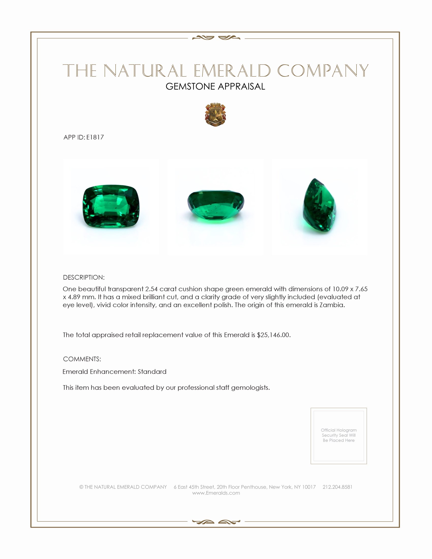 2.54 Ct. Emerald from Zambia
