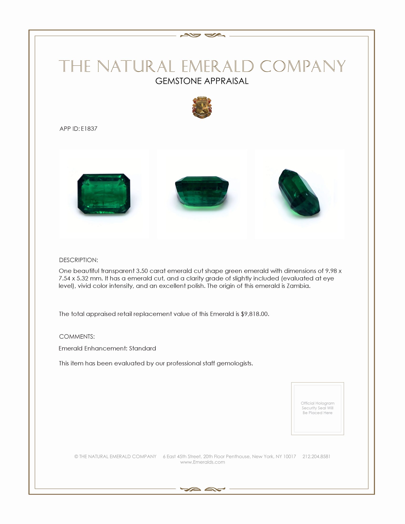 3.50 Ct. Emerald from Zambia