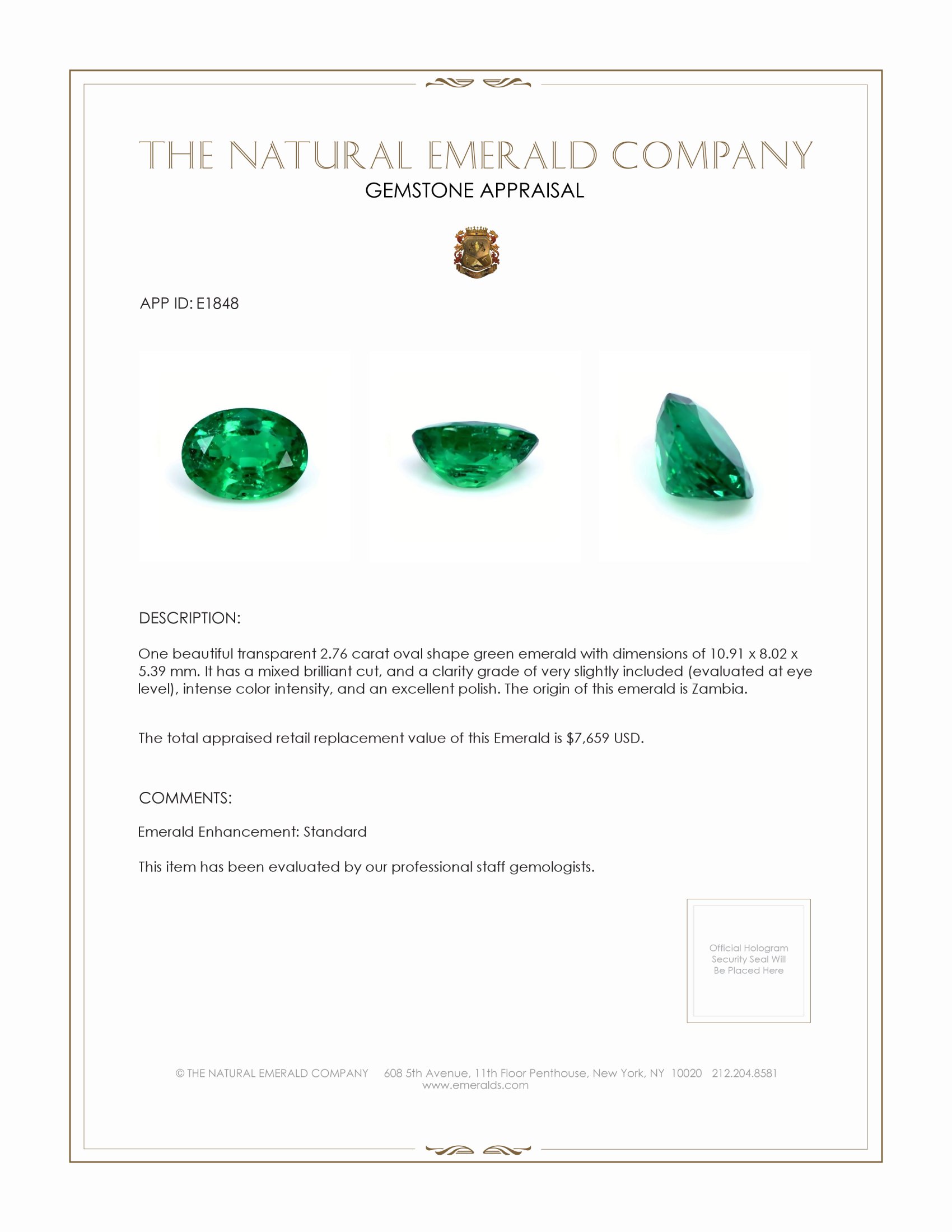 2.76 Ct. Emerald from Zambia