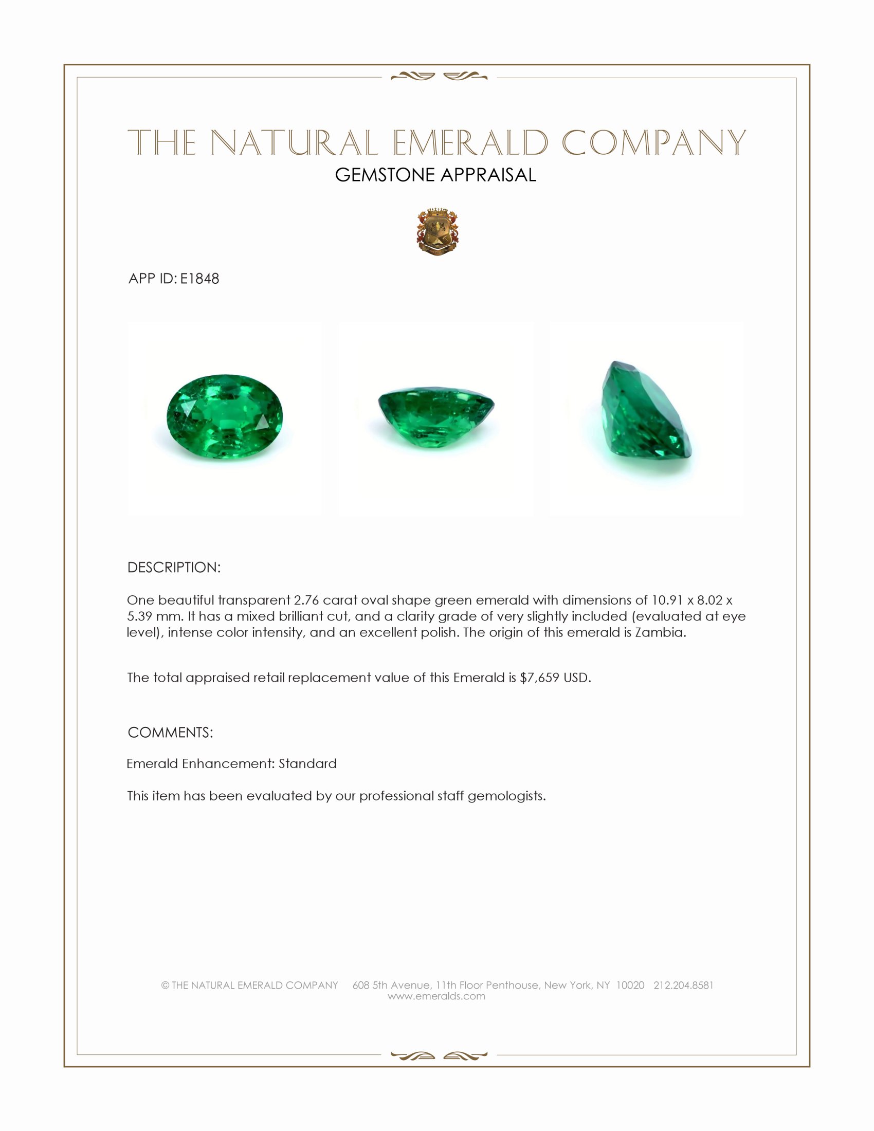 2.76 Ct. Emerald from Zambia