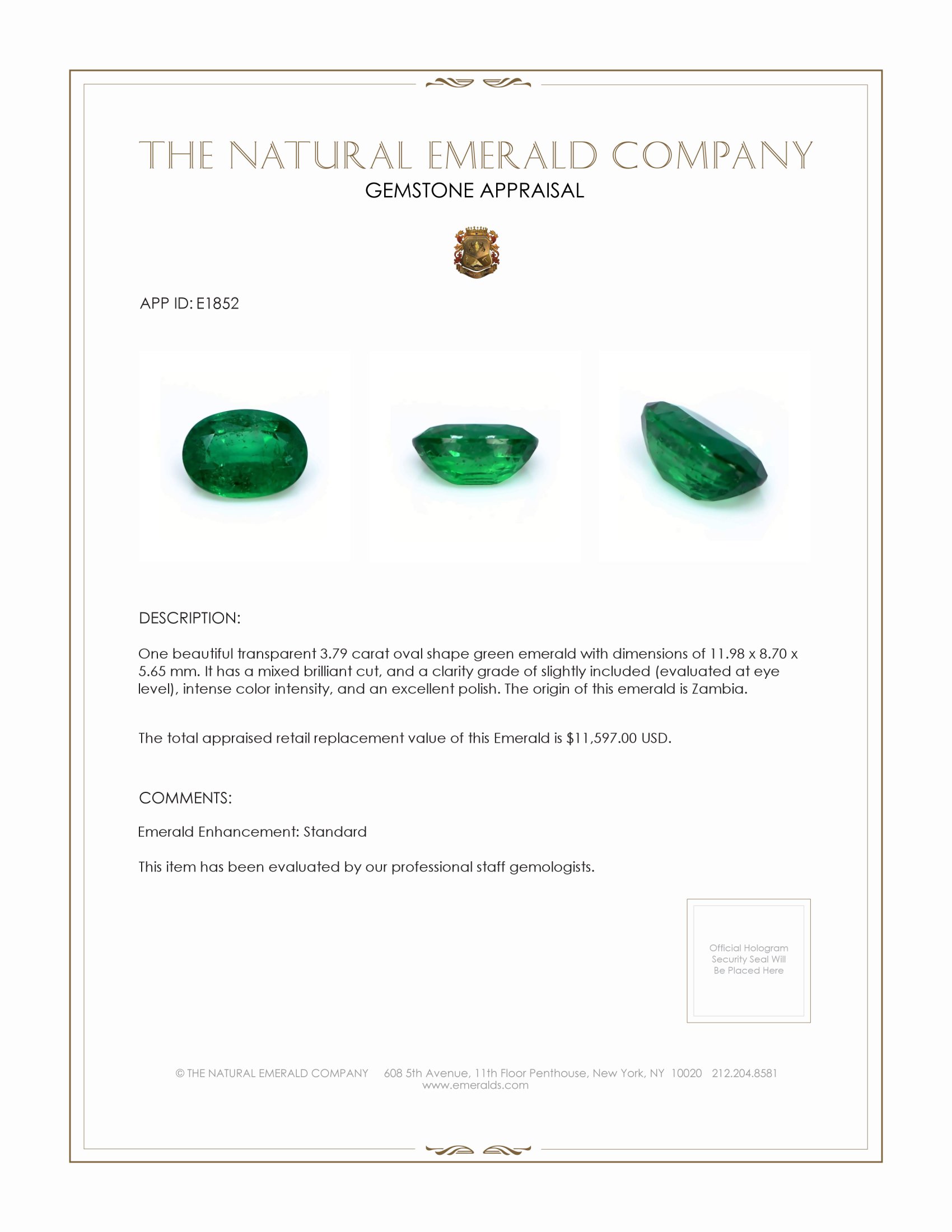 3.79 Ct. Emerald from Zambia